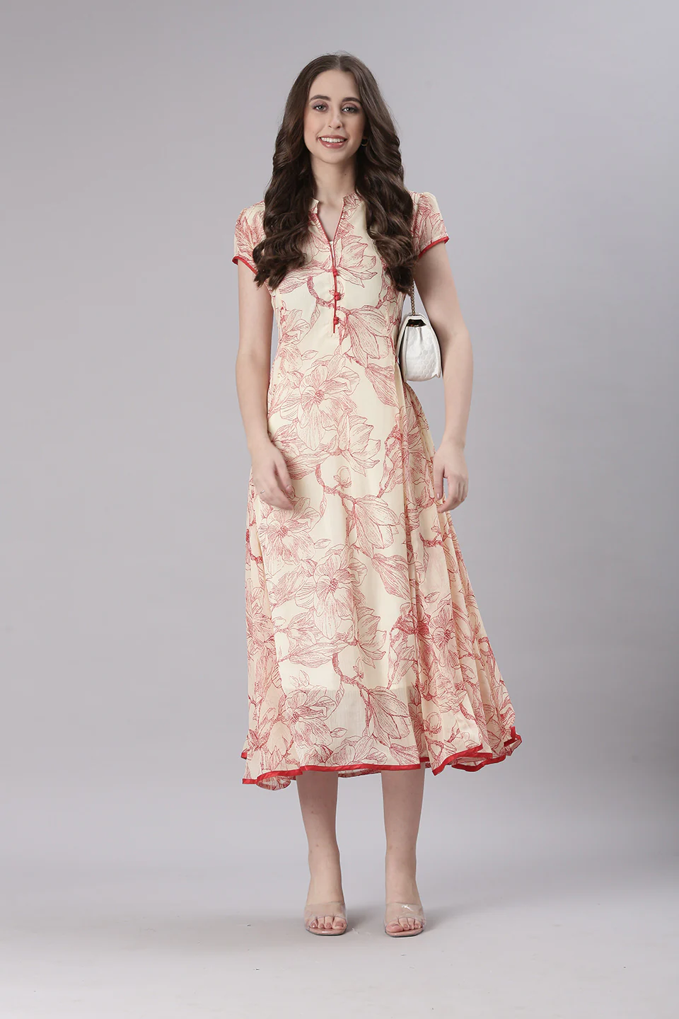 Women Cream Floral Tiered Midi Dress - Image 3