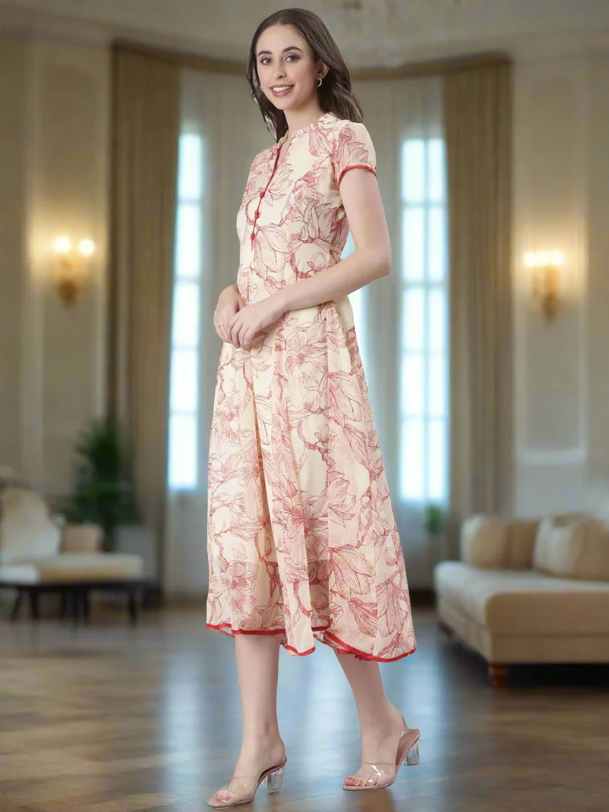 Women Cream Floral Tiered Midi Dress - Image 4