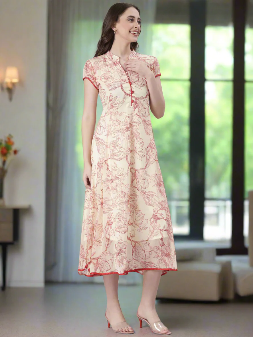 Women Cream Floral Tiered Midi Dress - Image 5