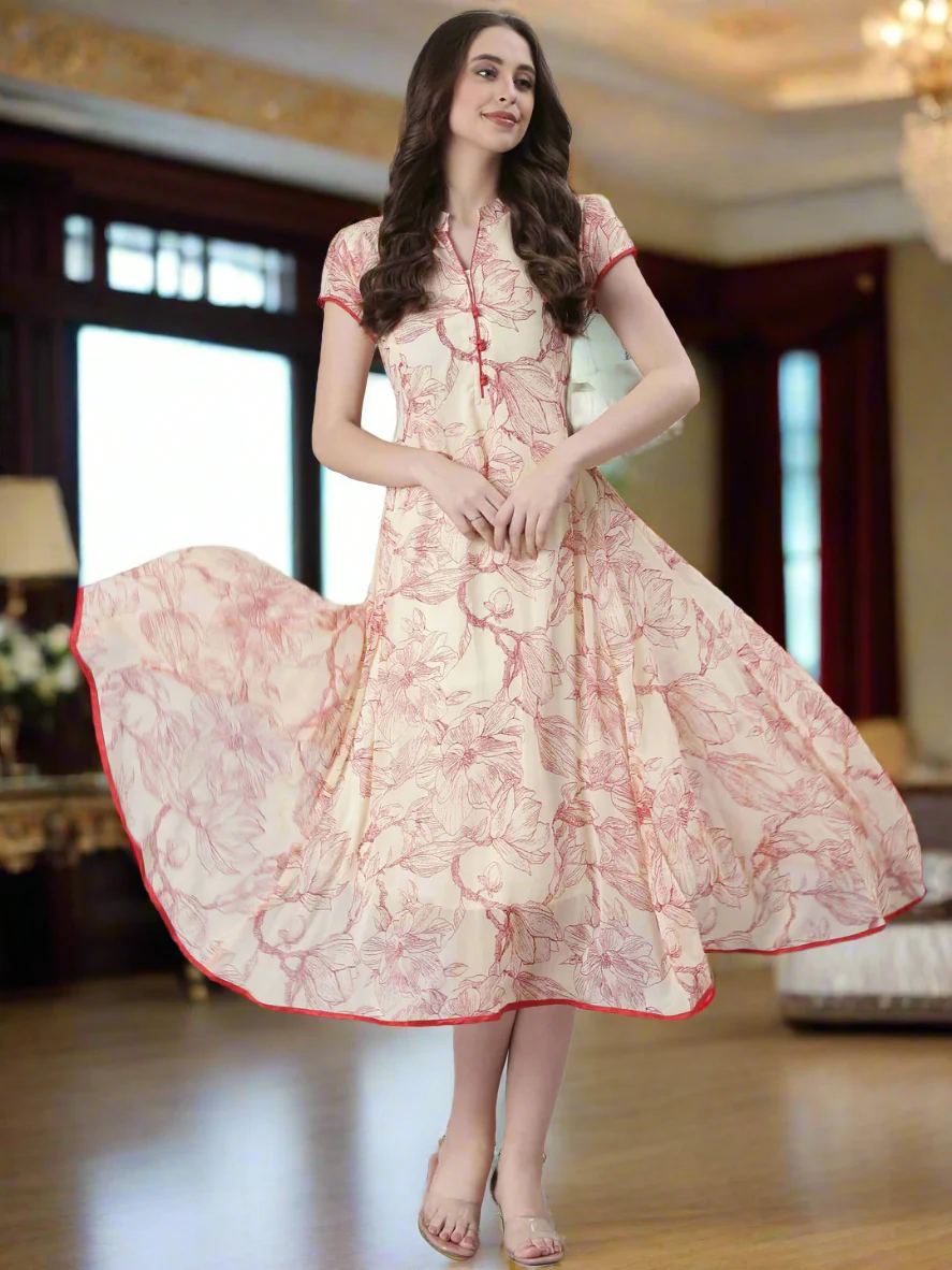 Women Cream Floral Tiered Midi Dress - Image 6