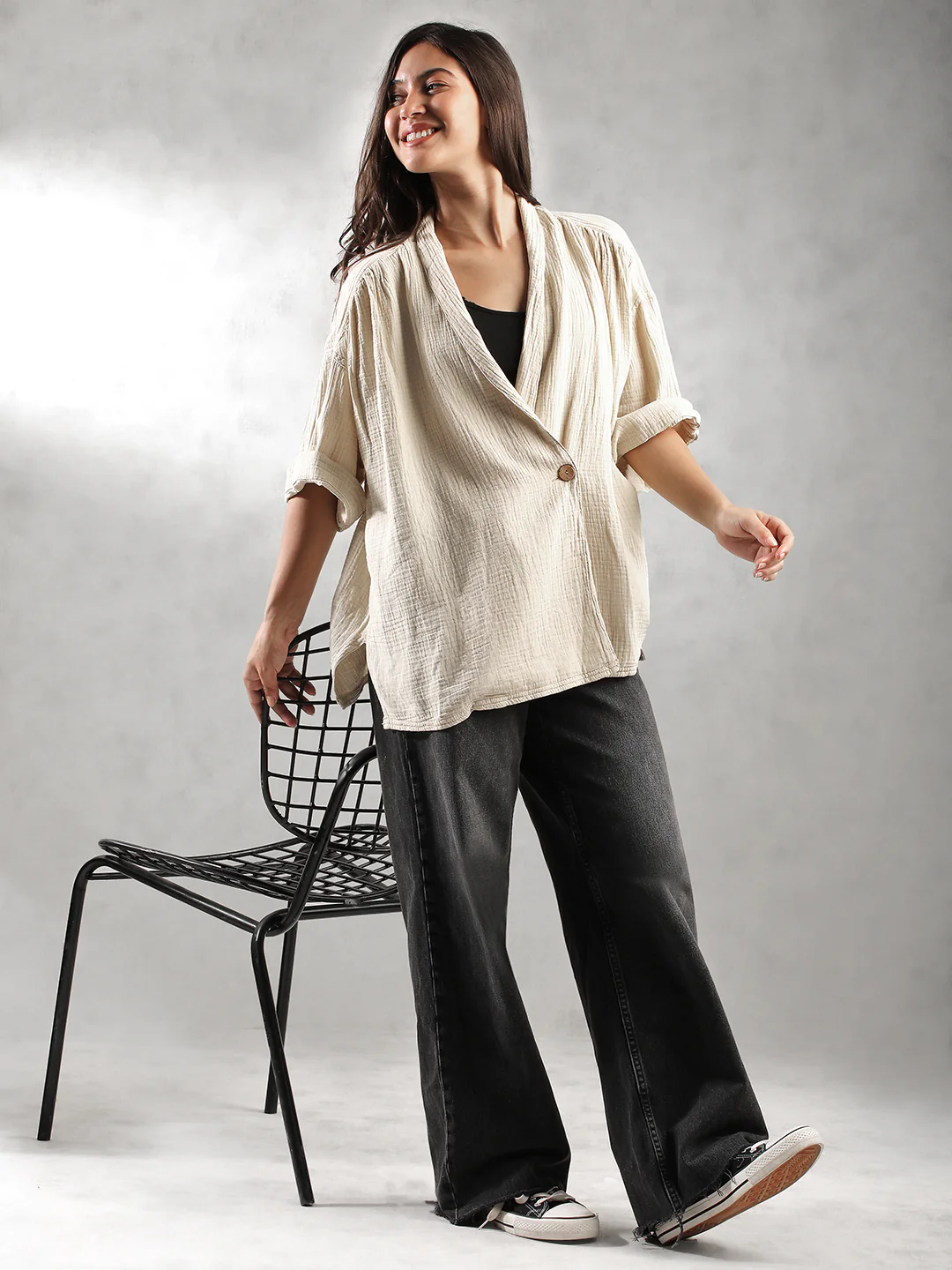 Women Oversize Double Cloth Shirt - Image 3