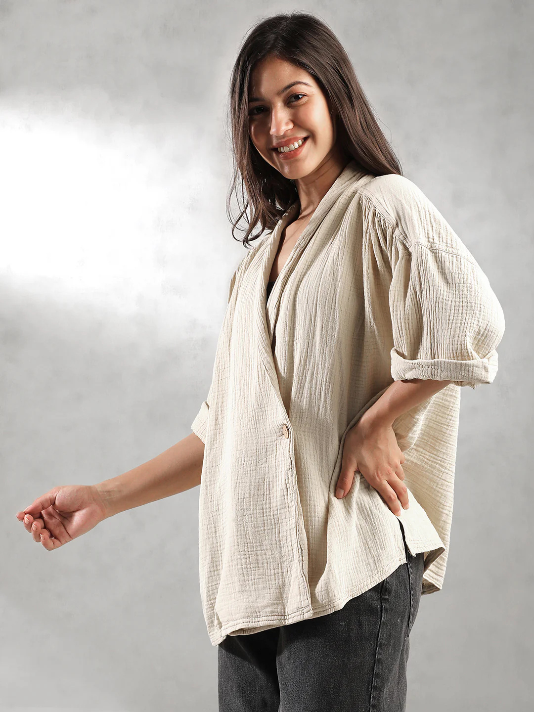Women Oversize Double Cloth Shirt - Image 6