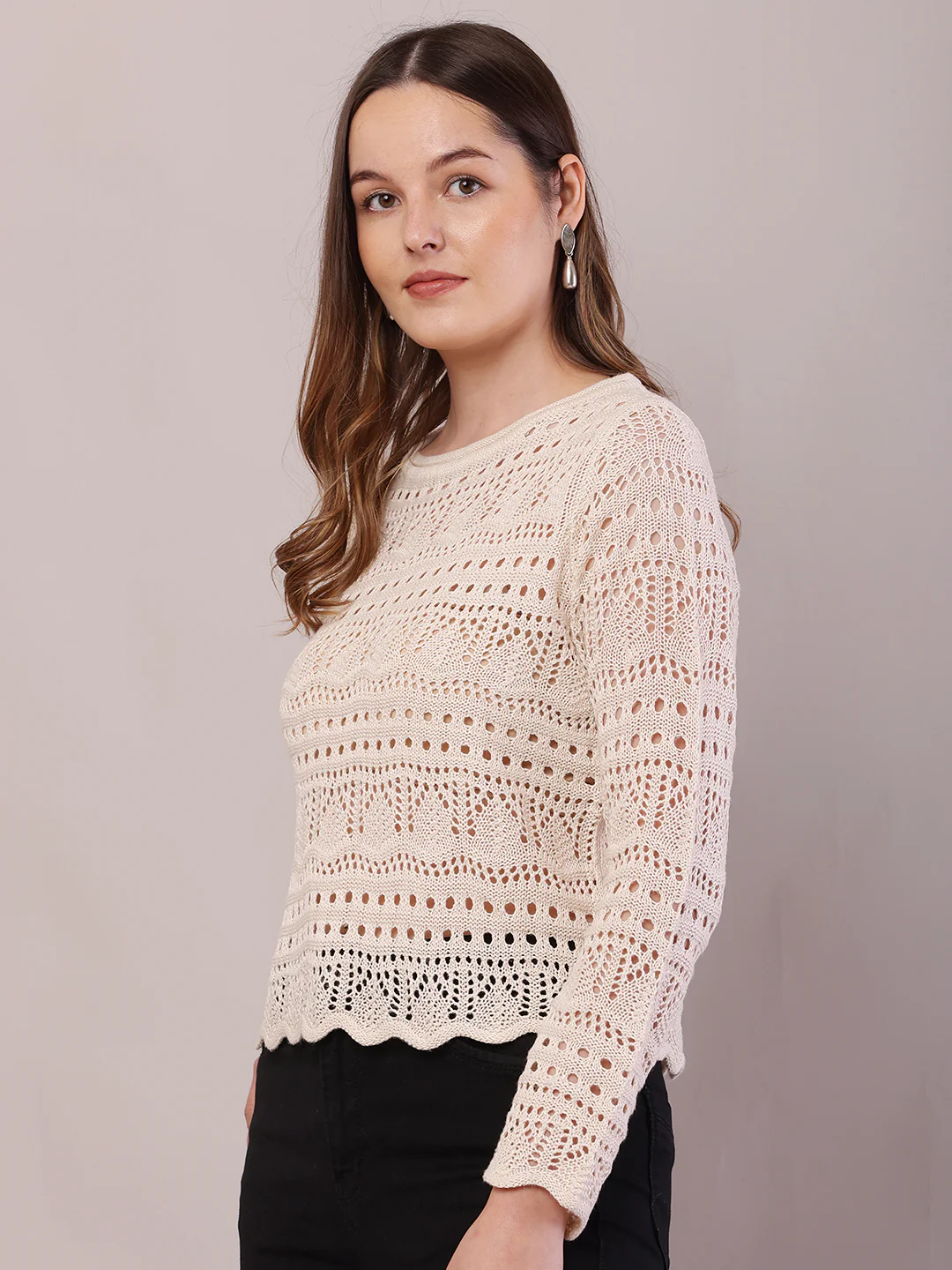 Women Cream Polyester Boat Neck Full Sleeve Sweater - Image 2