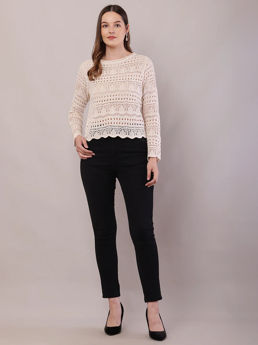 Women Cream Polyester Boat Neck Full Sleeve Sweater - Image 3