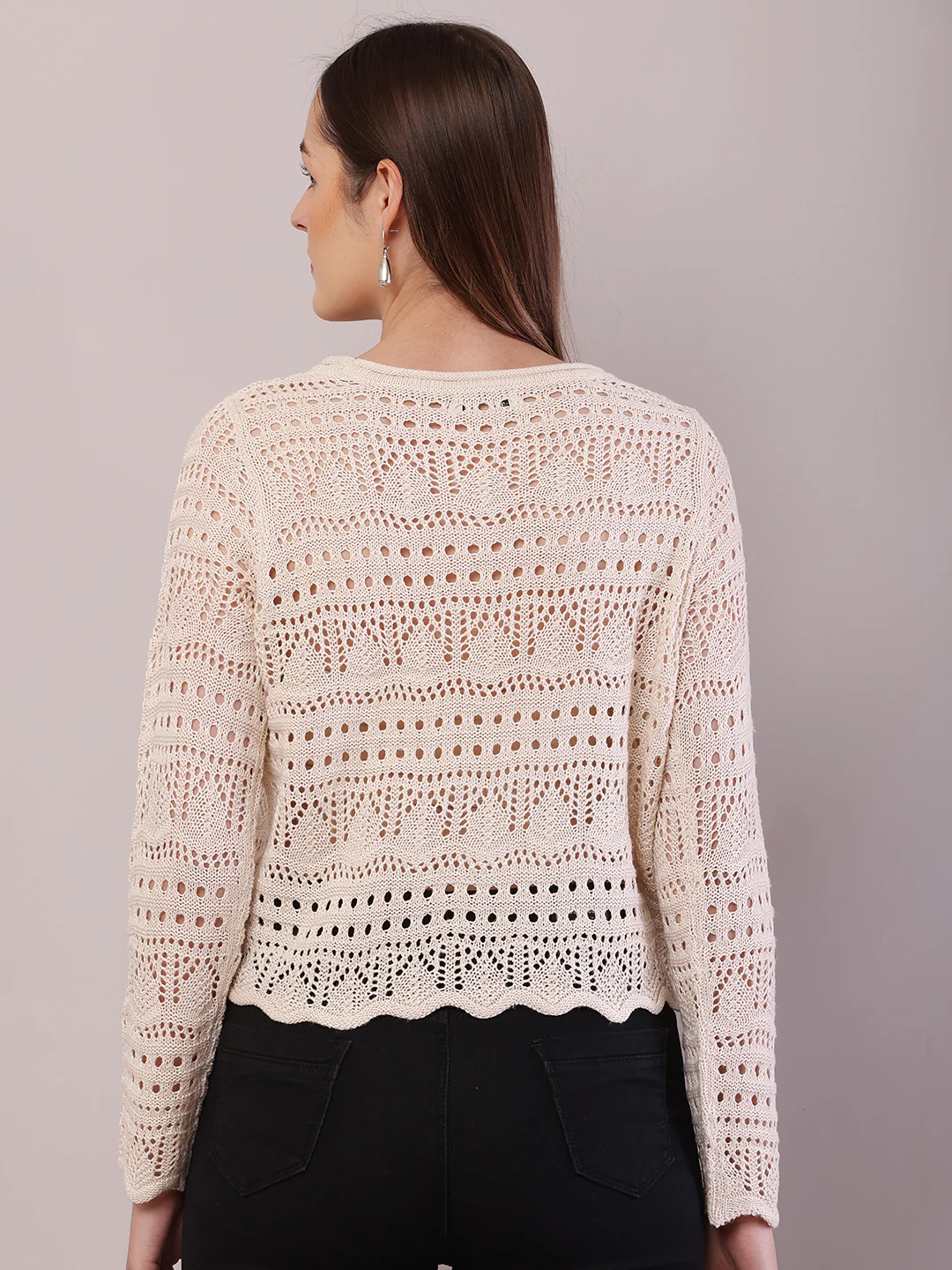Women Cream Polyester Boat Neck Full Sleeve Sweater - Image 4
