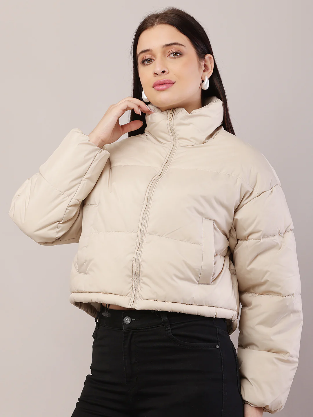 Women Cream Puffer Jacket - Image 2