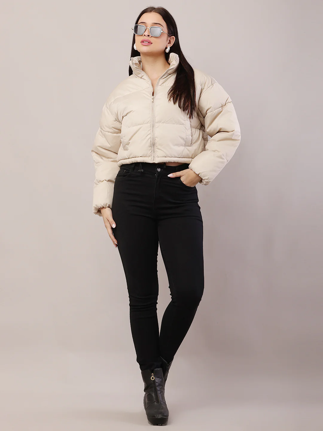 Women Cream Puffer Jacket - Image 3