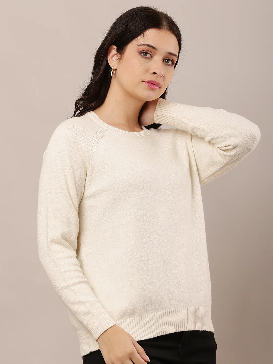 Women Cream Round Neck Sweater - Image 2