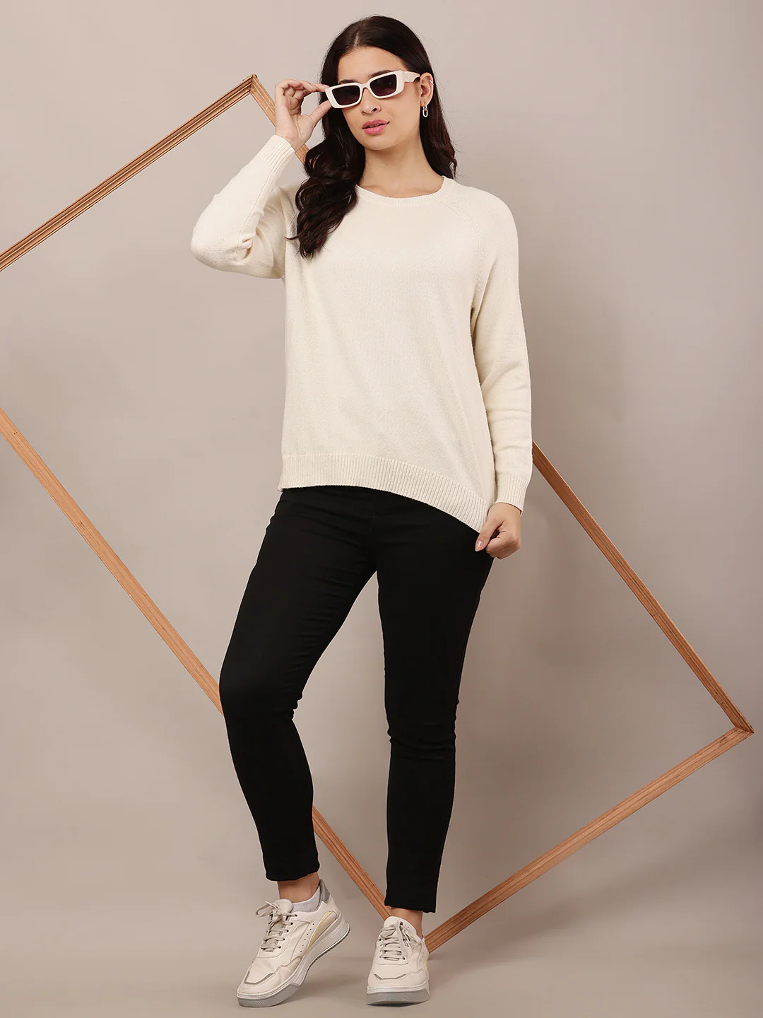 Women Cream Round Neck Sweater - Image 3