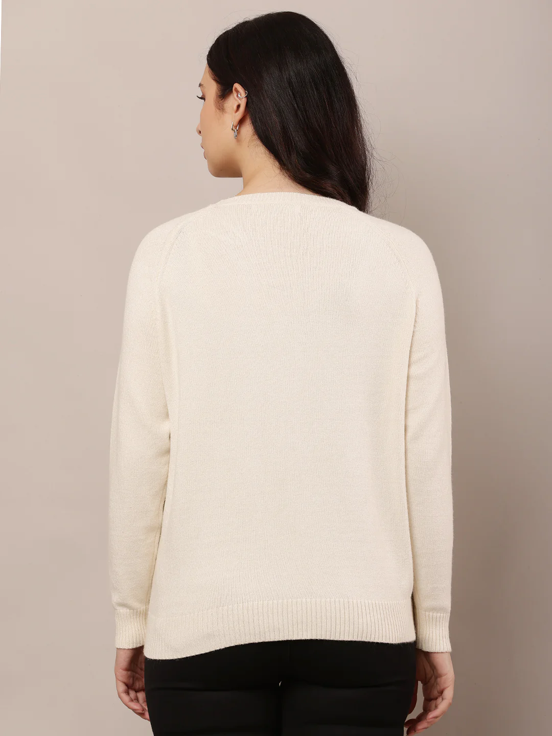 Women Cream Round Neck Sweater - Image 4
