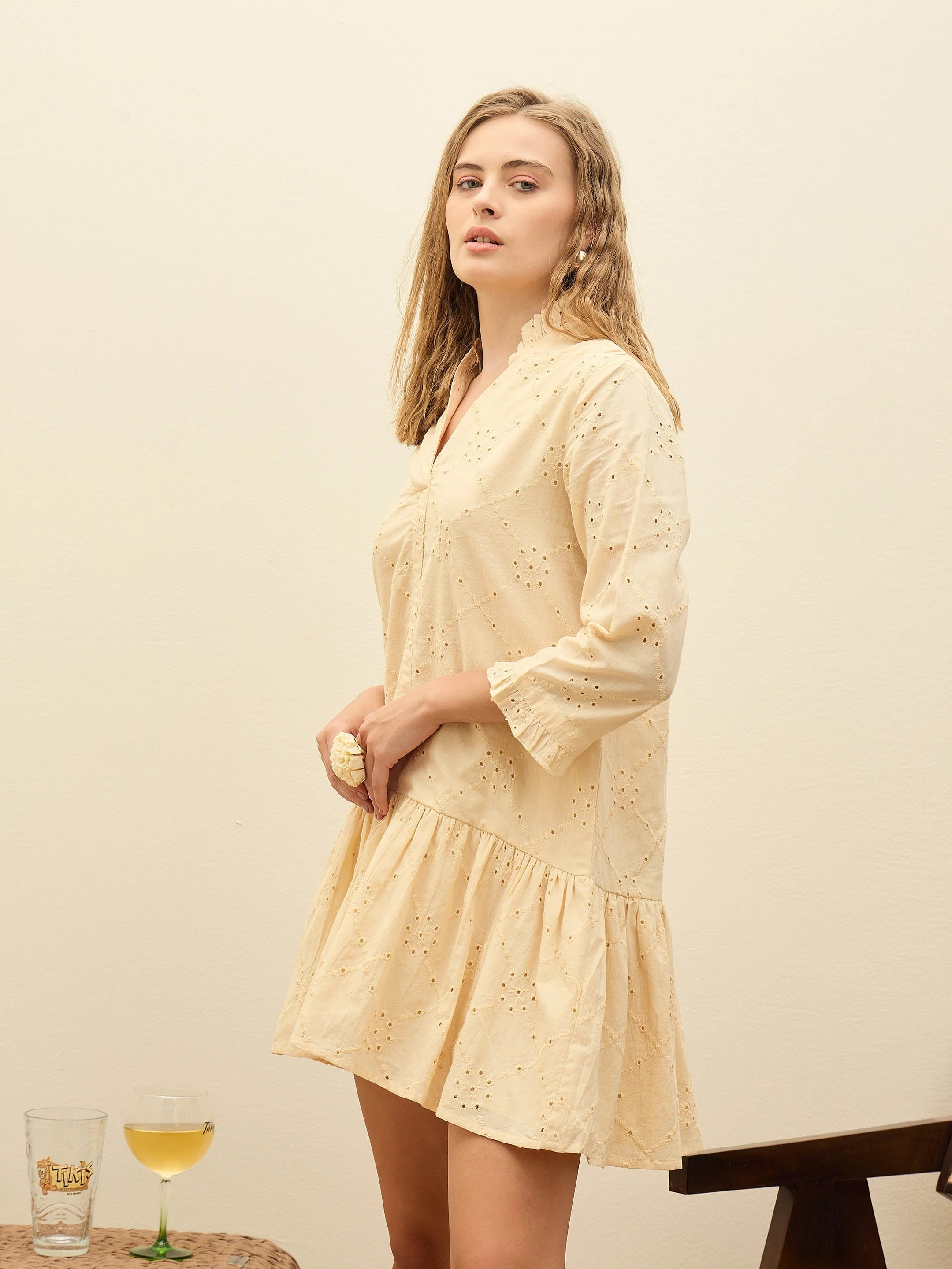 Women Cream Schiffli frill Neck Short Dress - Image 2