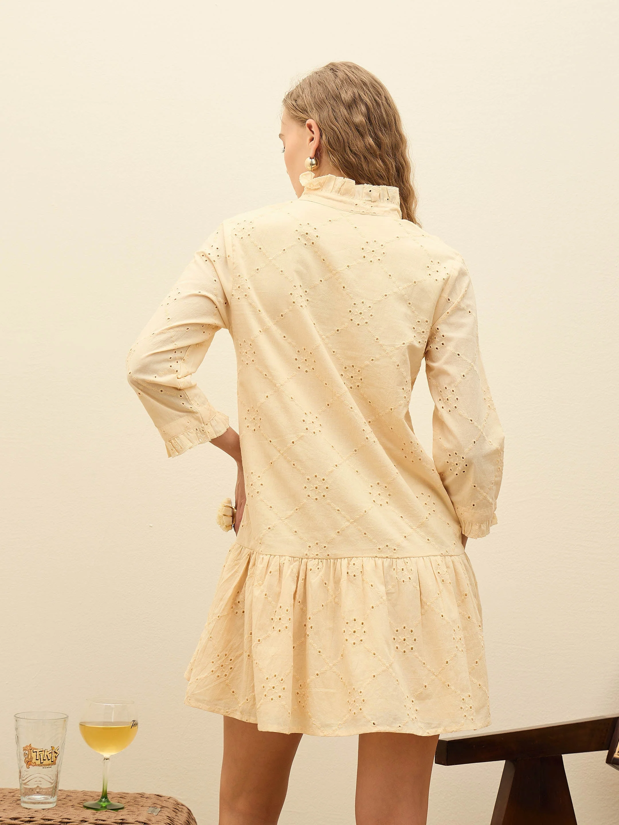 Women Cream Schiffli frill Neck Short Dress - Image 4