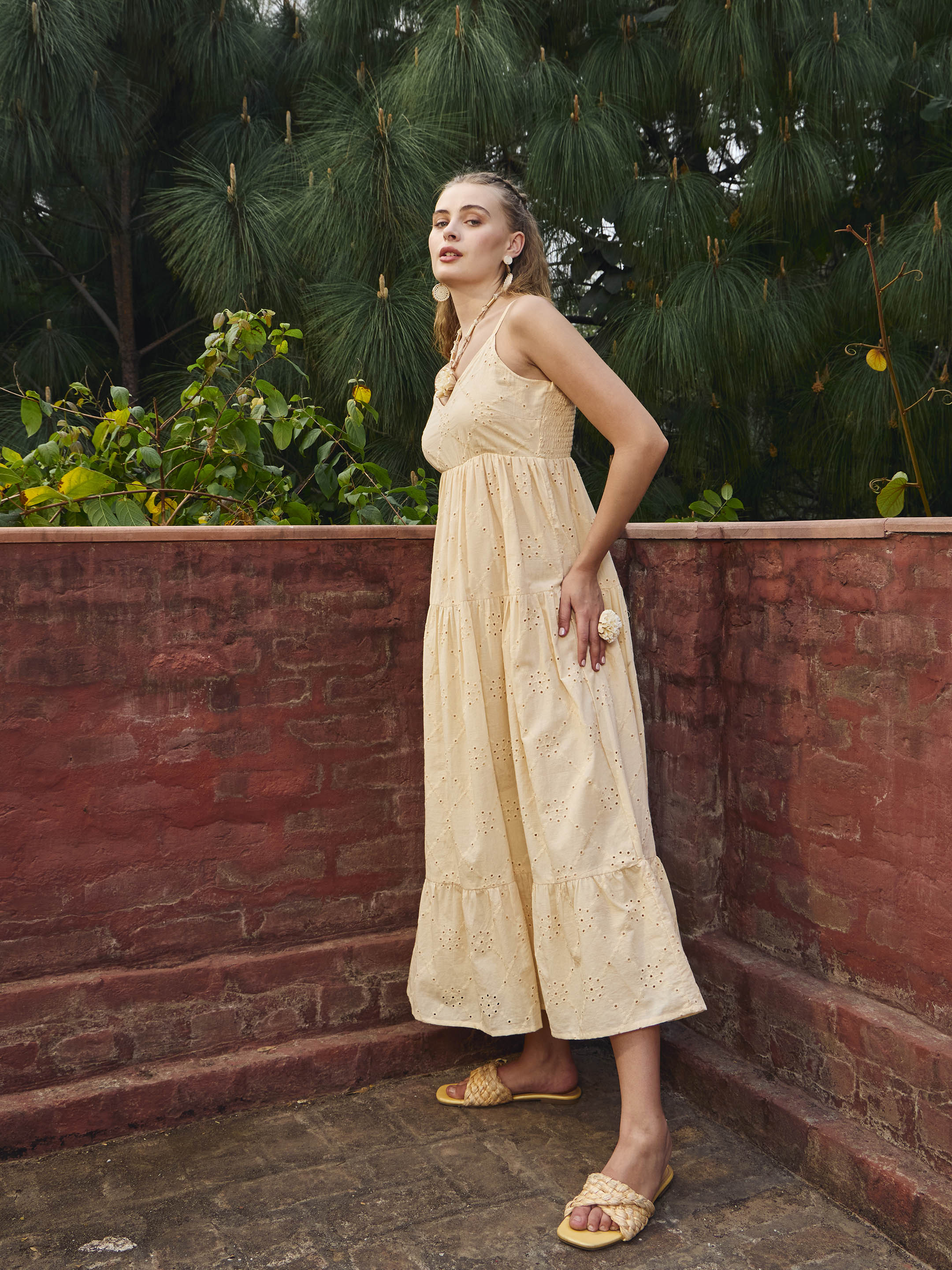 Women Cream Schiffli V-Neck Smocked Back Strappy Midi Dress - Image 3