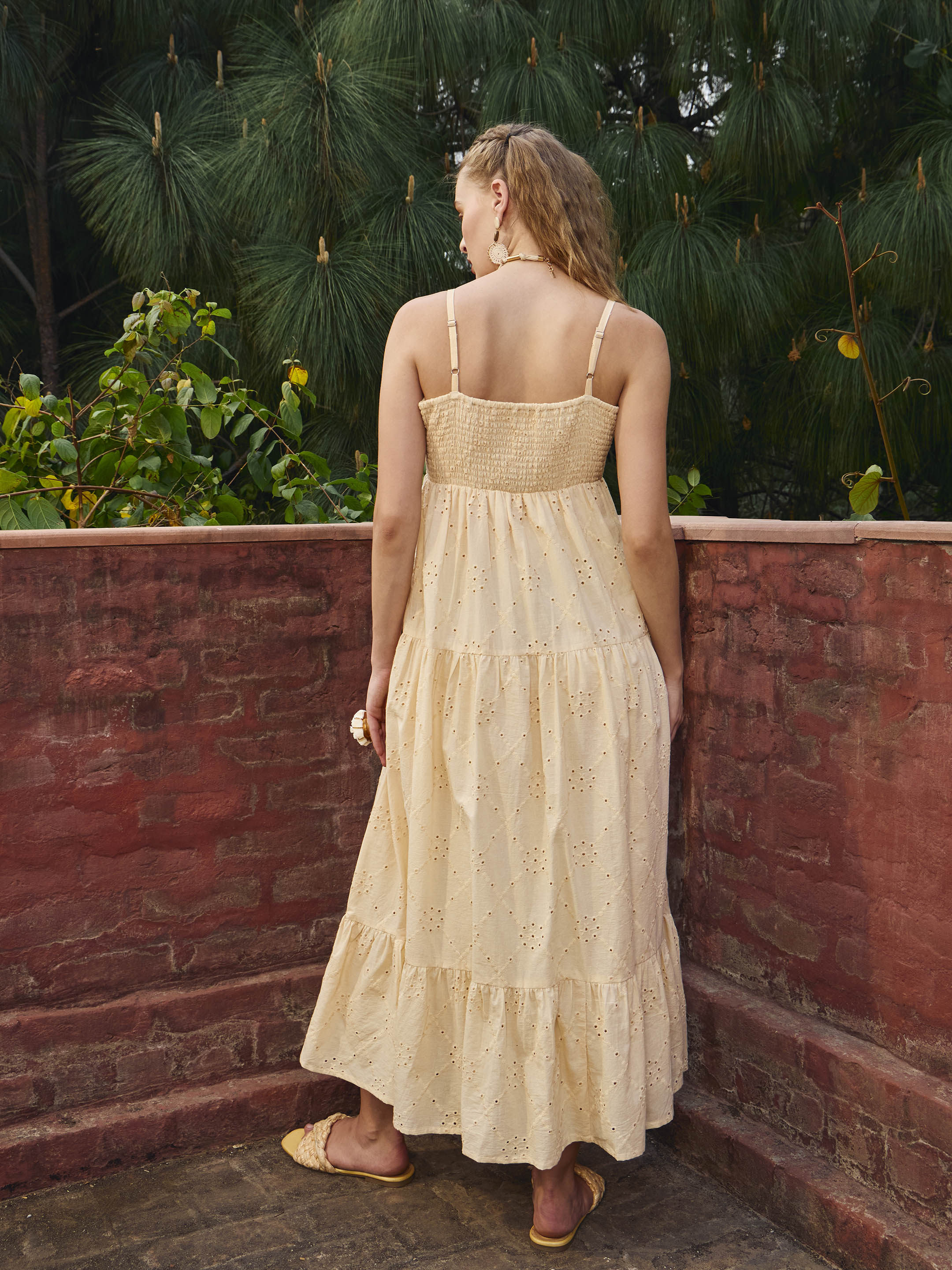 Women Cream Schiffli V-Neck Smocked Back Strappy Midi Dress - Image 5