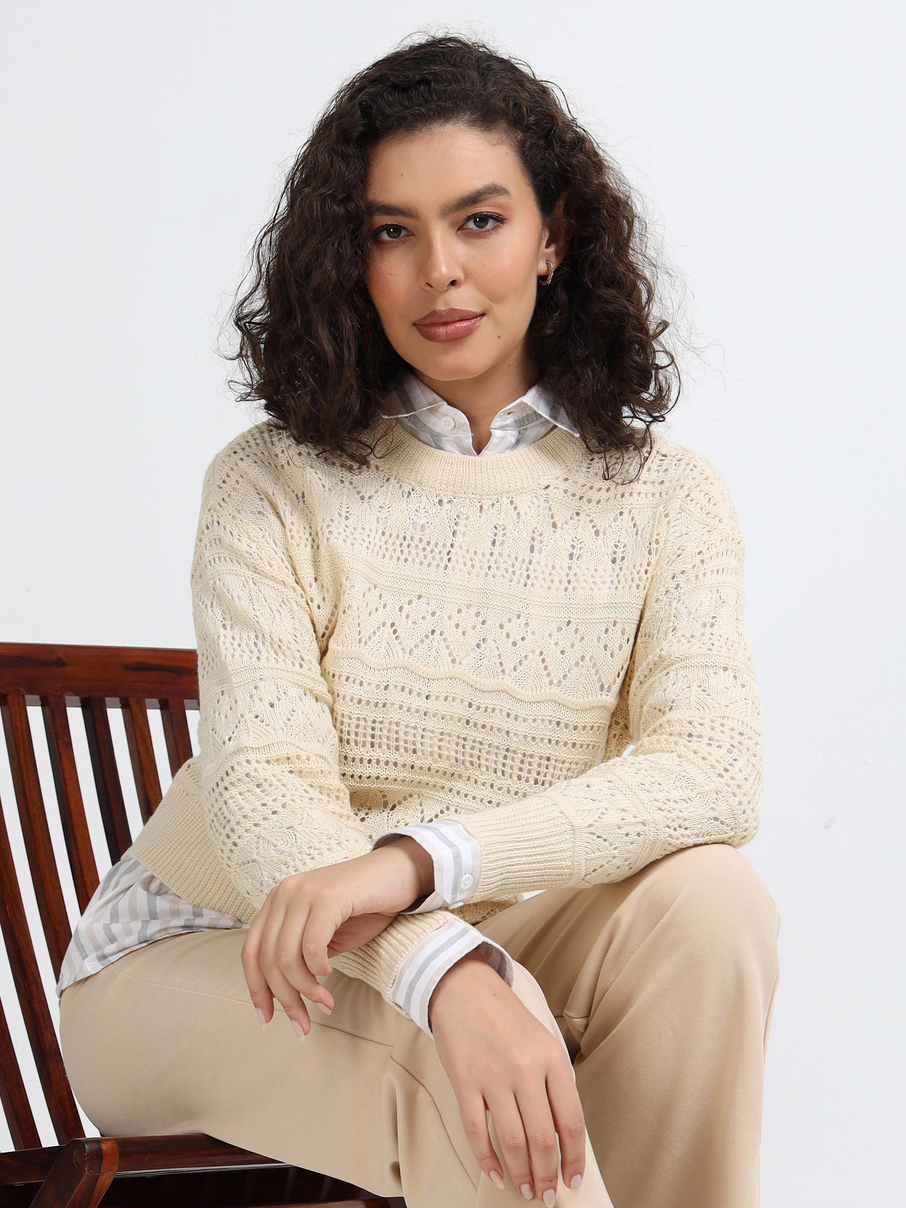 Women Cream Self Design Sweater - Image 2