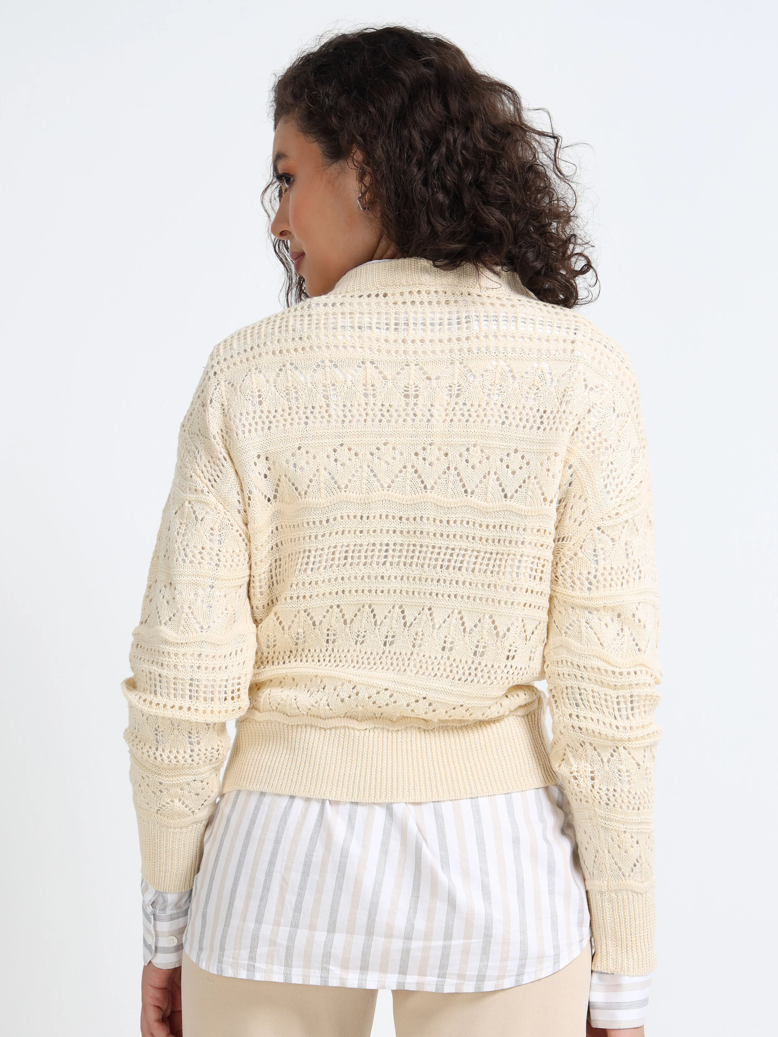 Women Cream Self Design Sweater - Image 3