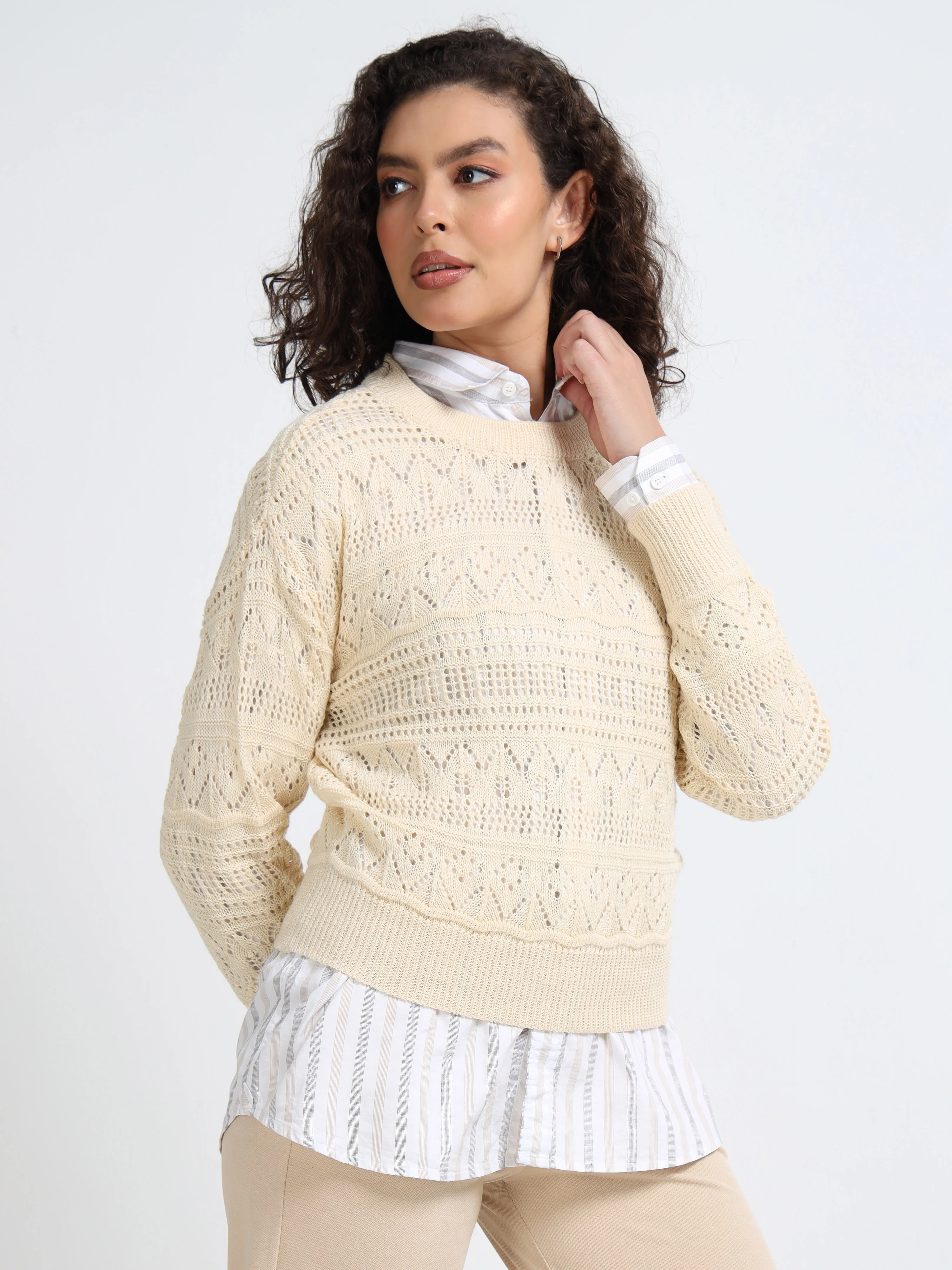Women Cream Self Design Sweater - Image 5