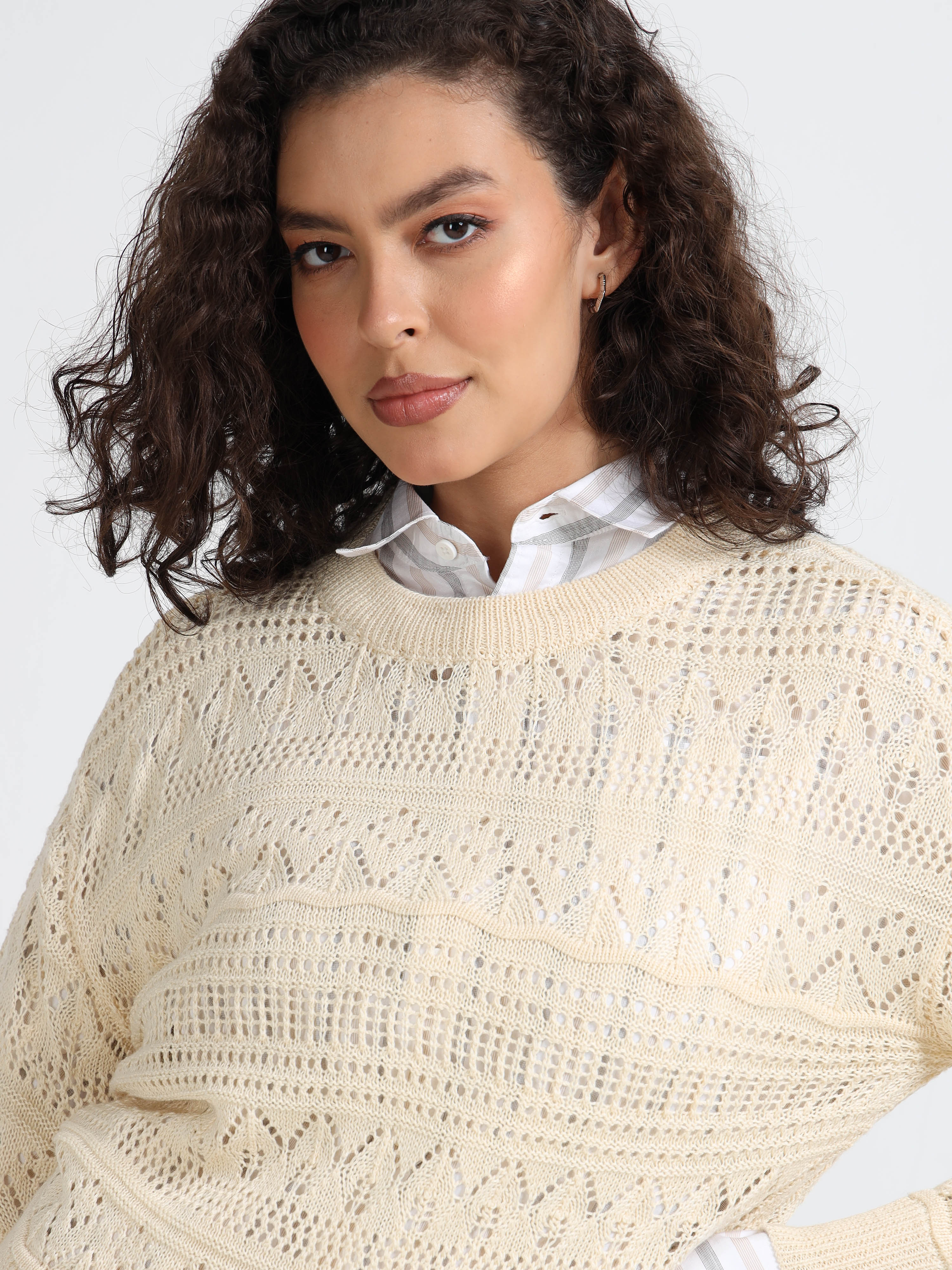 Women Cream Self Design Sweater - Image 6