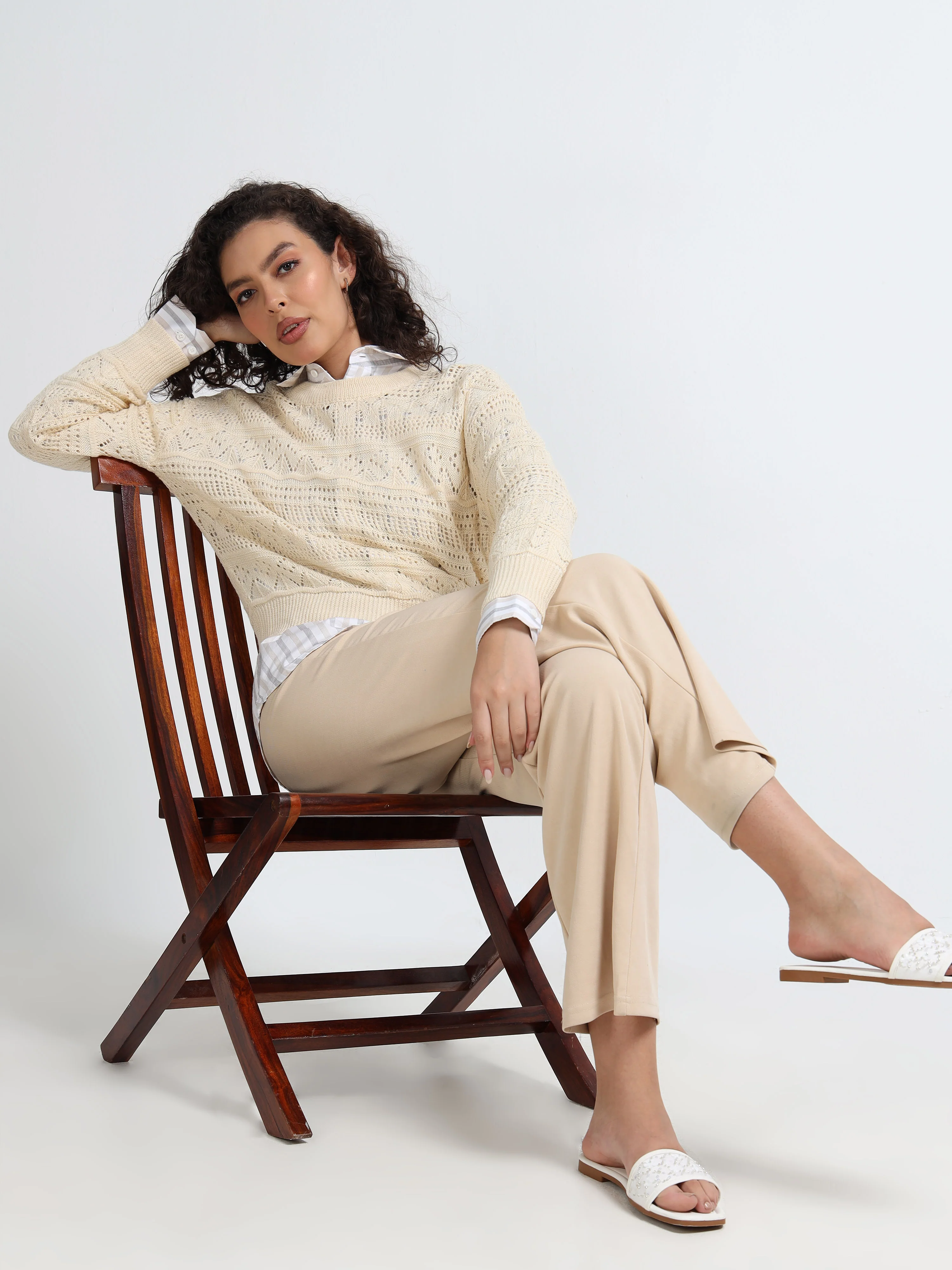 Women Cream Self Design Sweater - Image 7