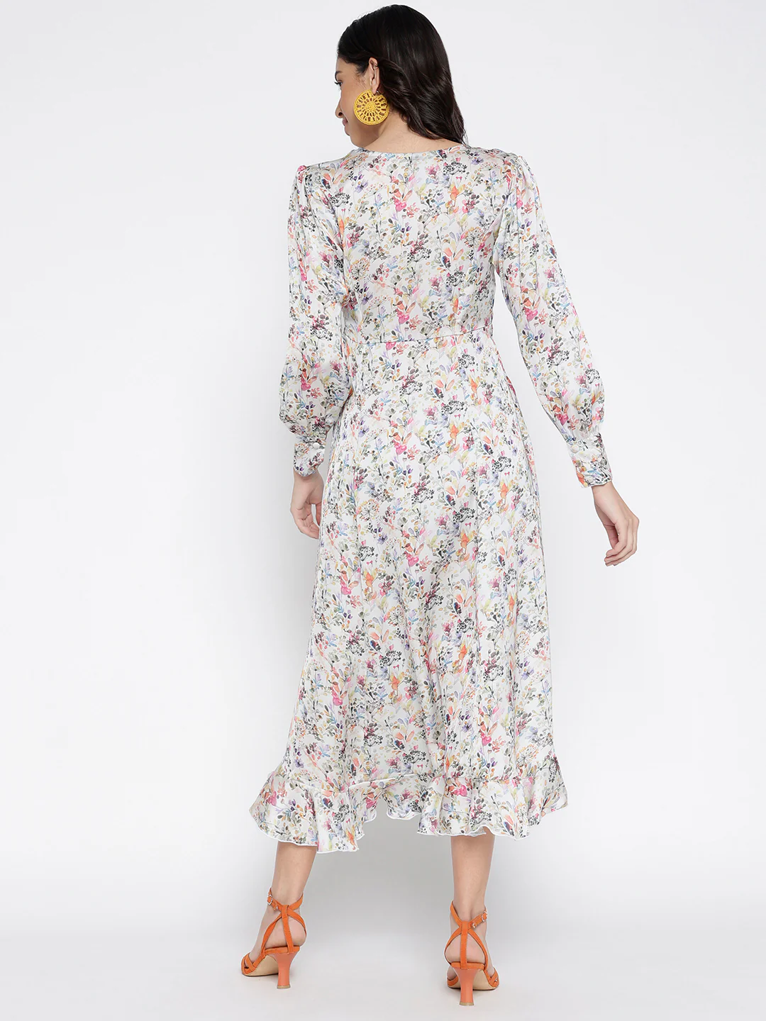 Women Cream Silky Soft Satin Graceful Wrap Midi Dress - Image 2
