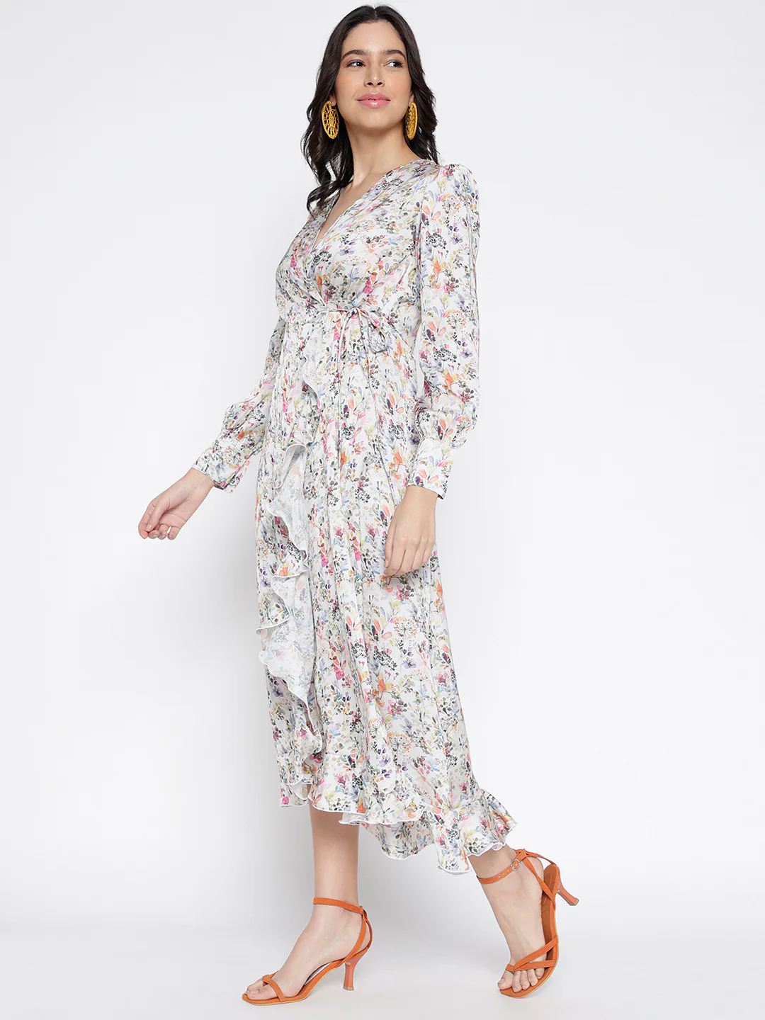 Women Cream Silky Soft Satin Graceful Wrap Midi Dress - Image 4