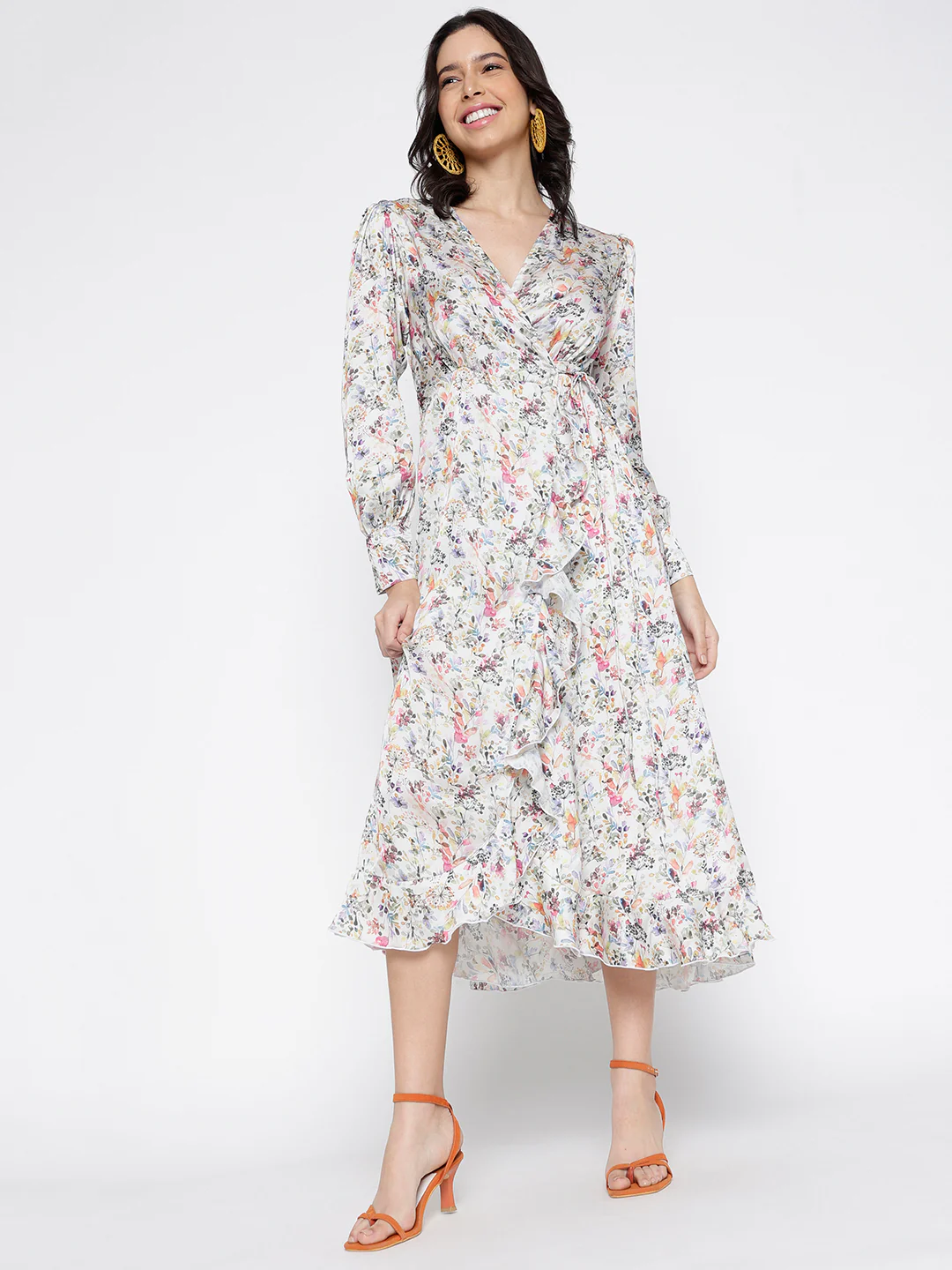 Women Cream Silky Soft Satin Graceful Wrap Midi Dress - Image 5