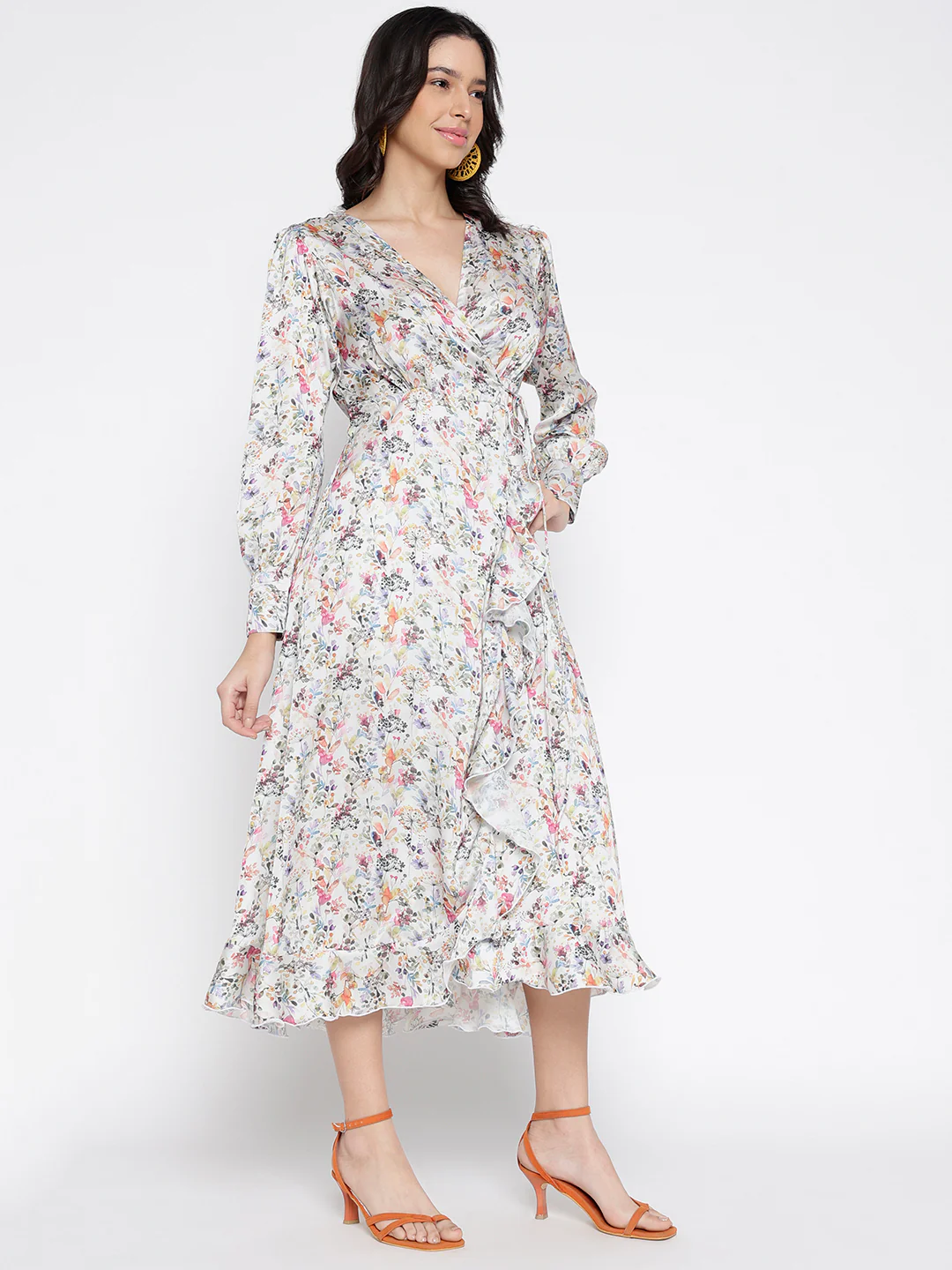 Women Cream Silky Soft Satin Graceful Wrap Midi Dress - Image 6