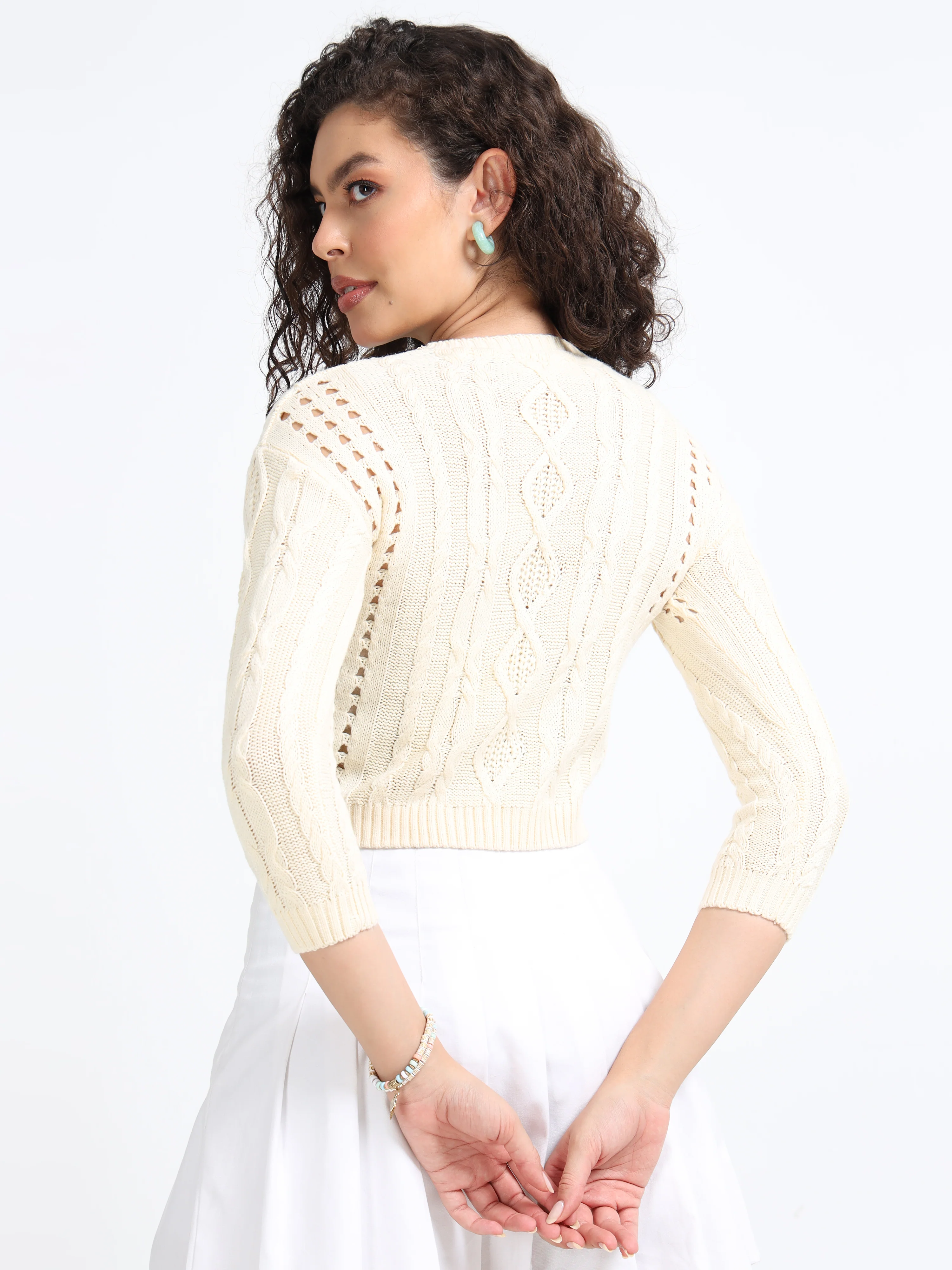 Women Cream Crop Winter Sweater - Image 2