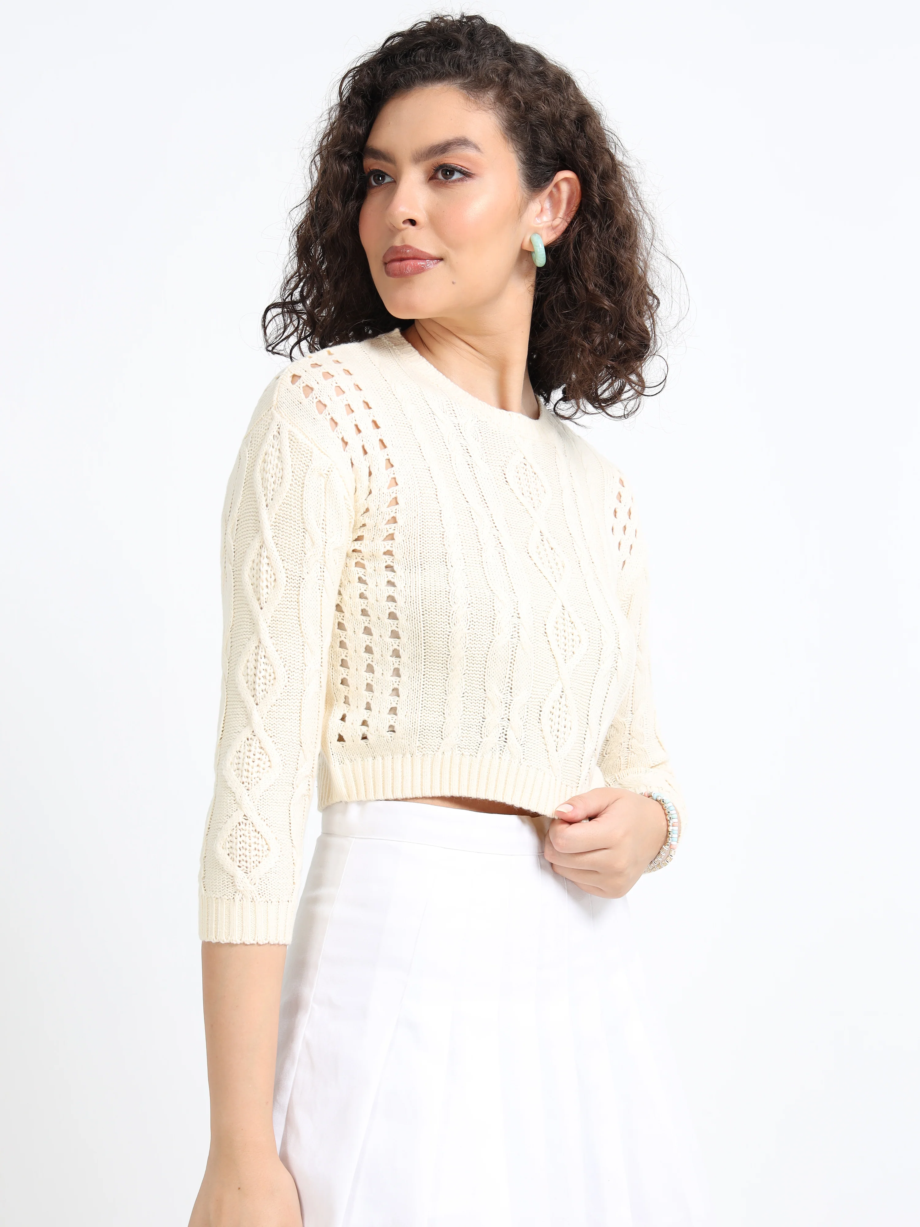 Women Cream Crop Winter Sweater - Image 6