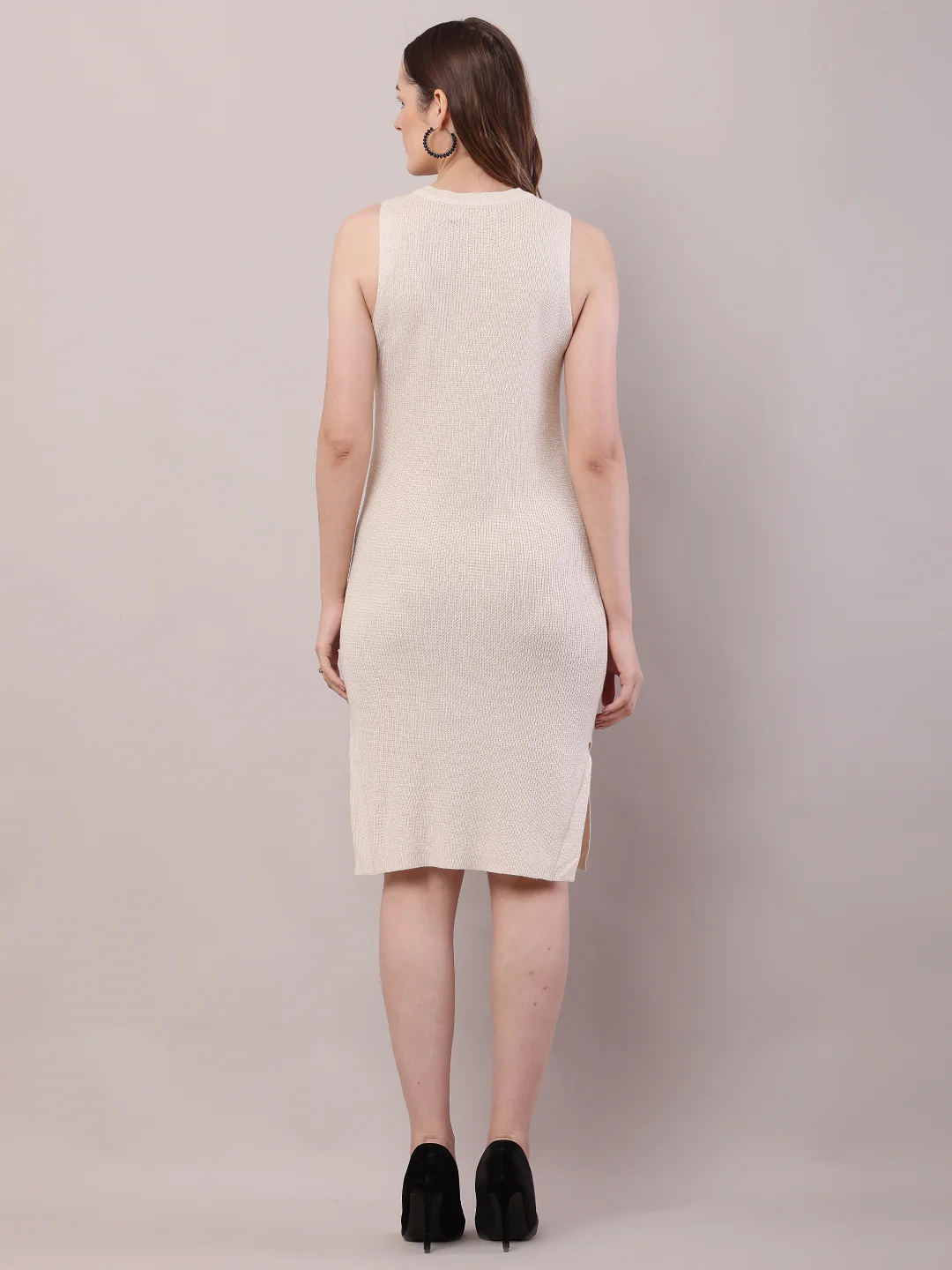 Women Cream Viscose Sleeveless Ribbed Shift Dress - Image 4