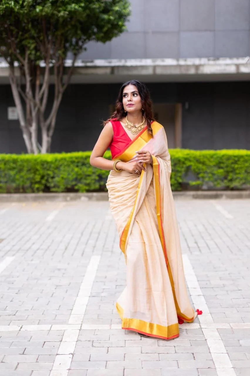 Women Creame White Zari Border Mul Cotton Saree - Image 2