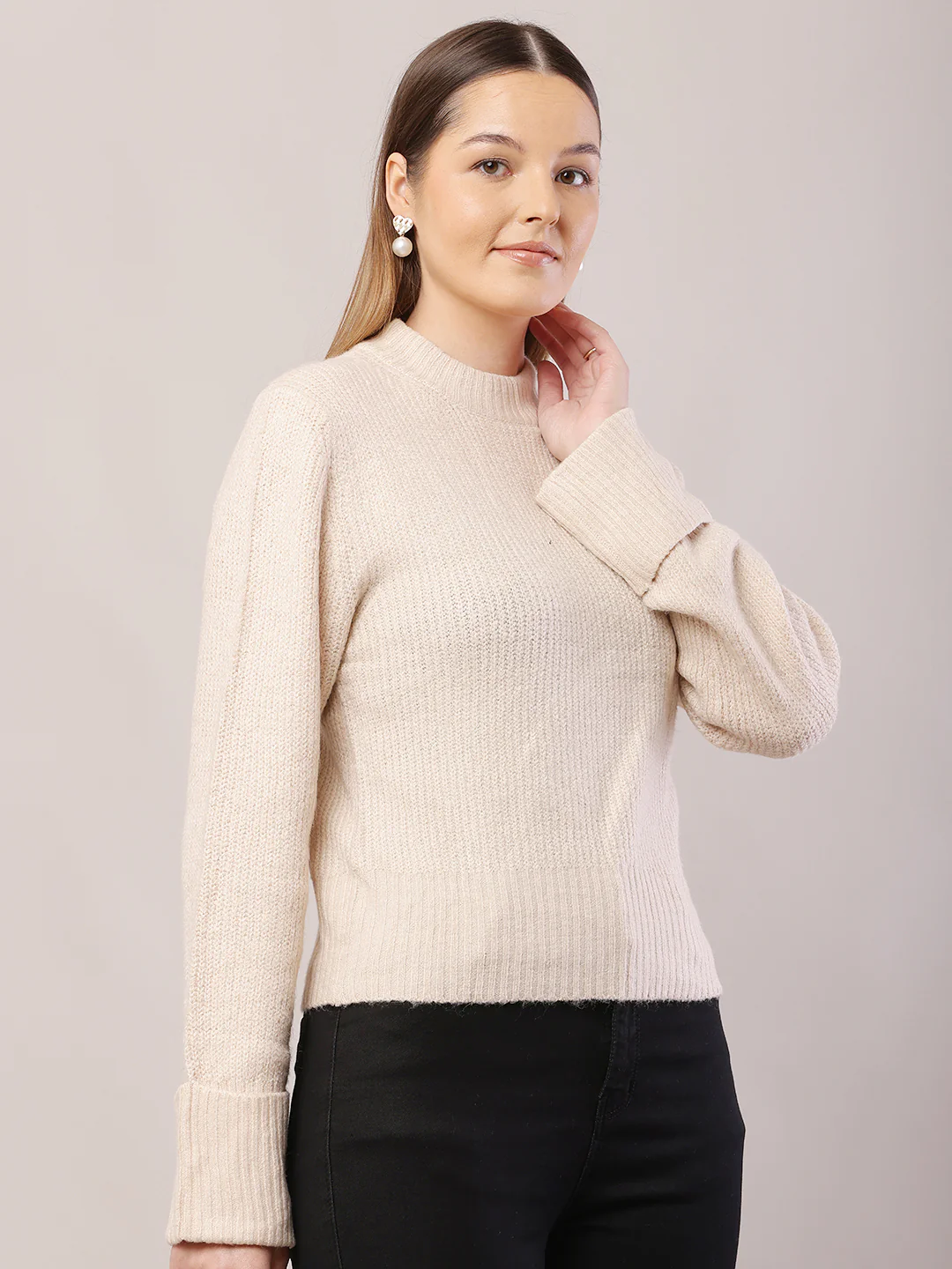 Women Crew-Neck Cream Sweater - Image 2