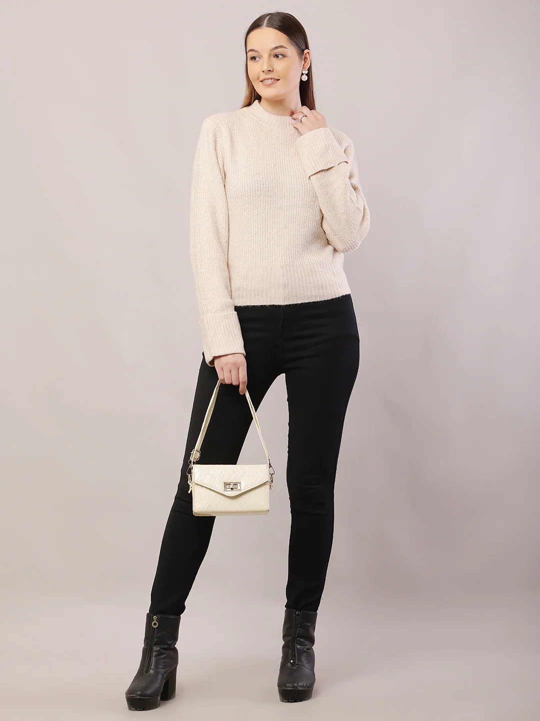 Women Crew-Neck Cream Sweater - Image 3