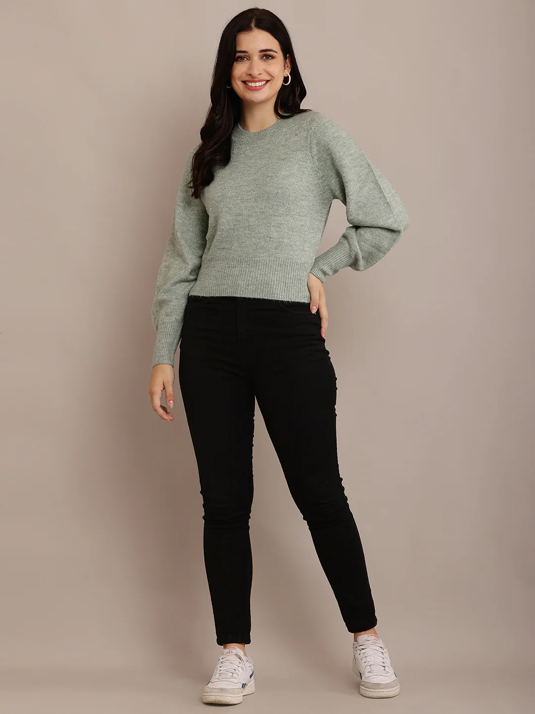 Women Crew Neck Green Sweater - Image 3