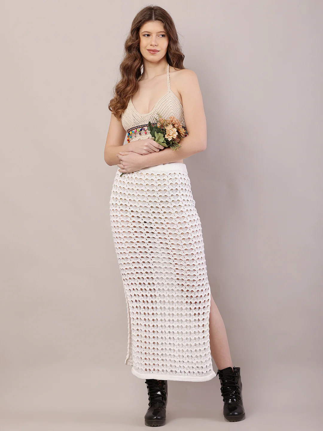 Women Crochet Side Slit Maxi Skirt - Image 3