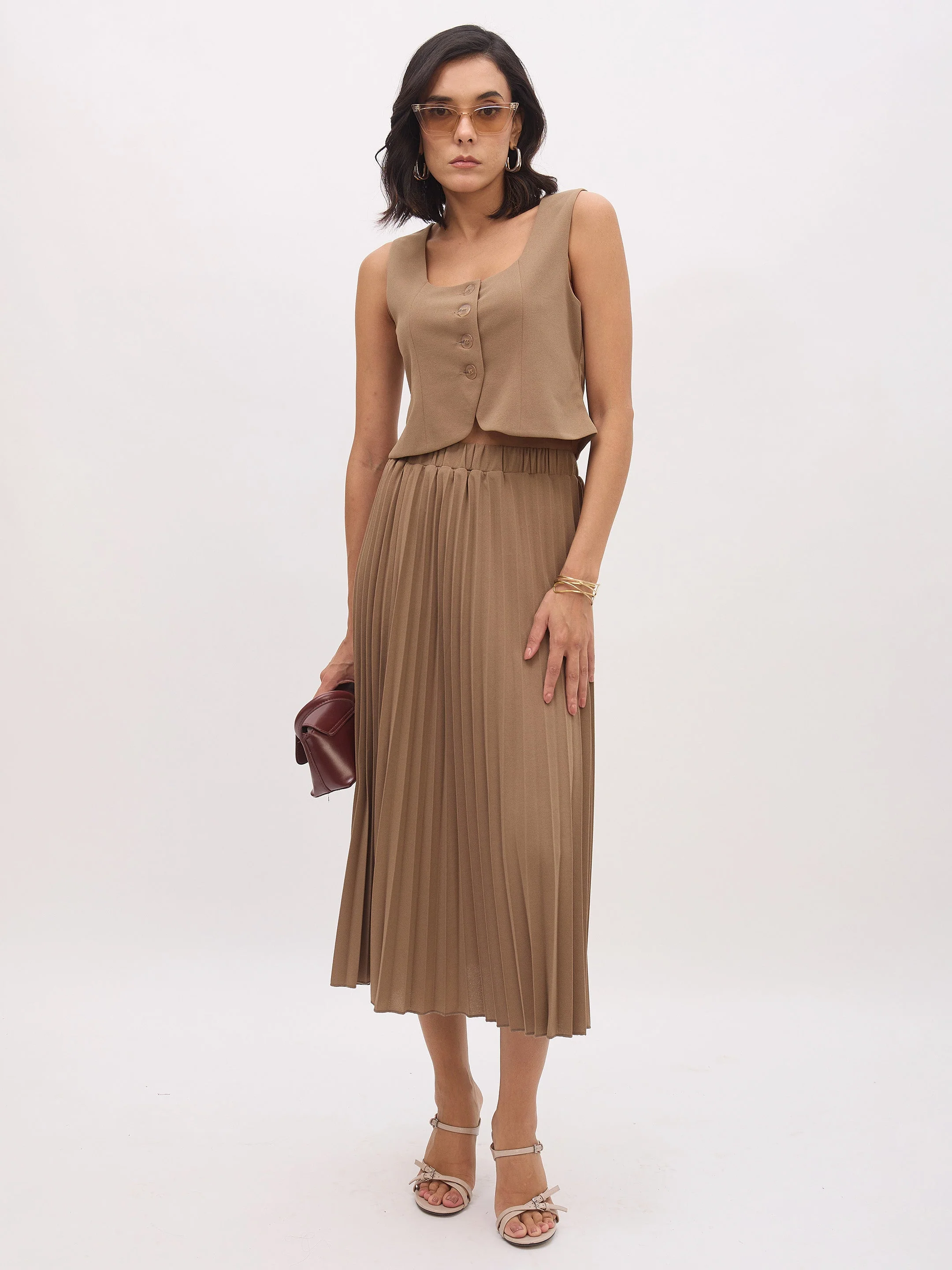 Women Dark Beige Sleeveless Front Button Waistcoat - Image 2