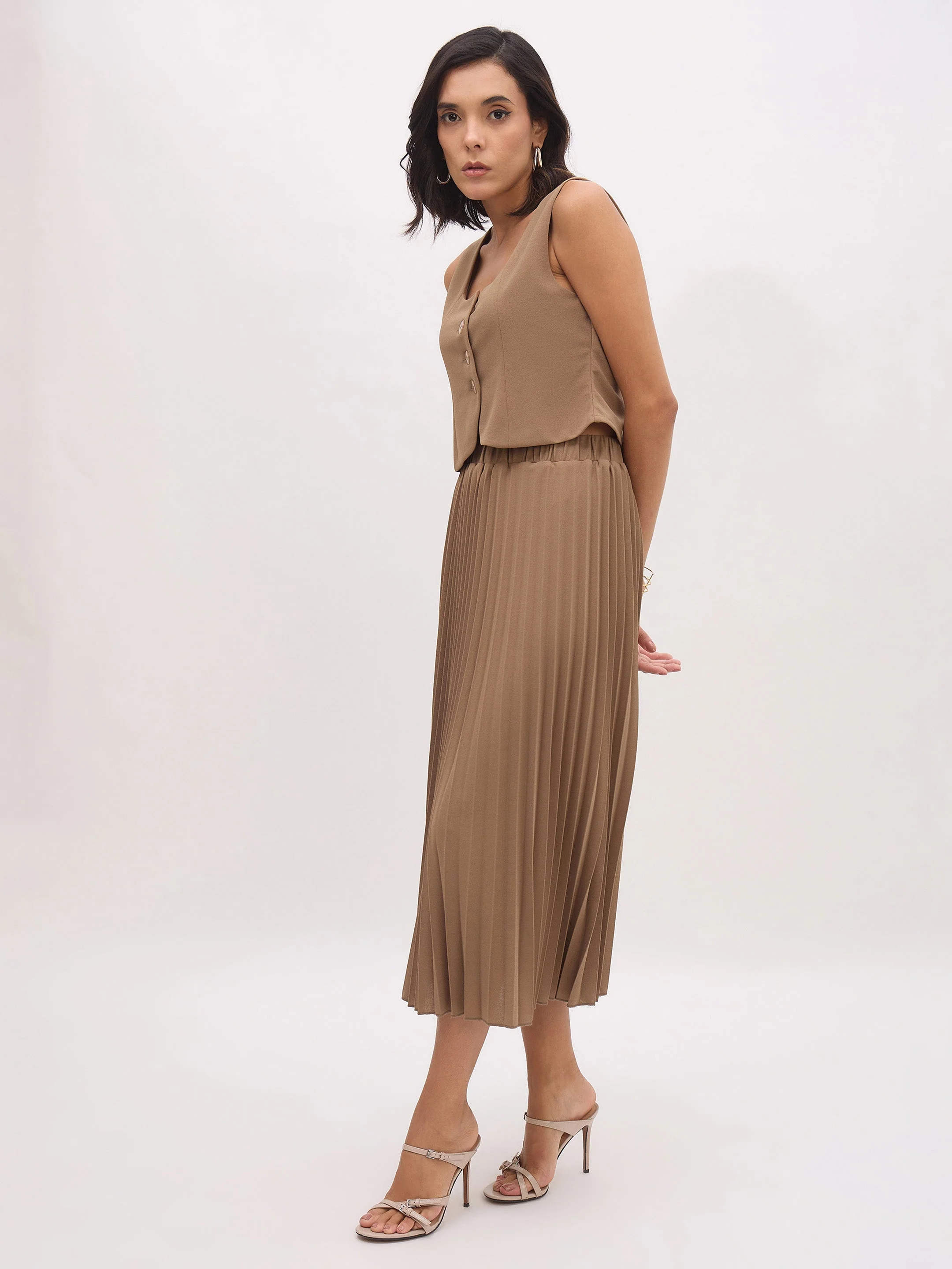 Women Dark Beige Sleeveless Waistcoat With Midi Skirt - Image 5