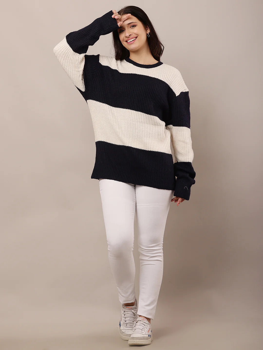 Women Dark Blue & Beige Round Neck Sweater - Image 3