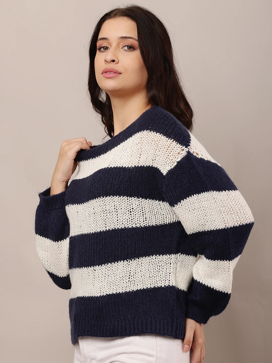 Women Dark Blue & White Crew Neck Knitted Sweater - Image 2