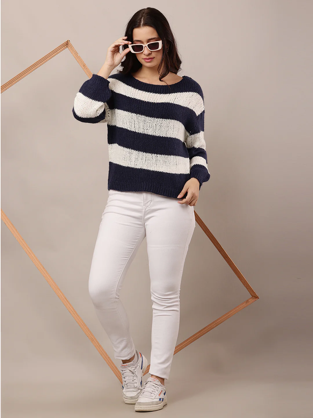 Women Dark Blue & White Crew Neck Knitted Sweater - Image 3