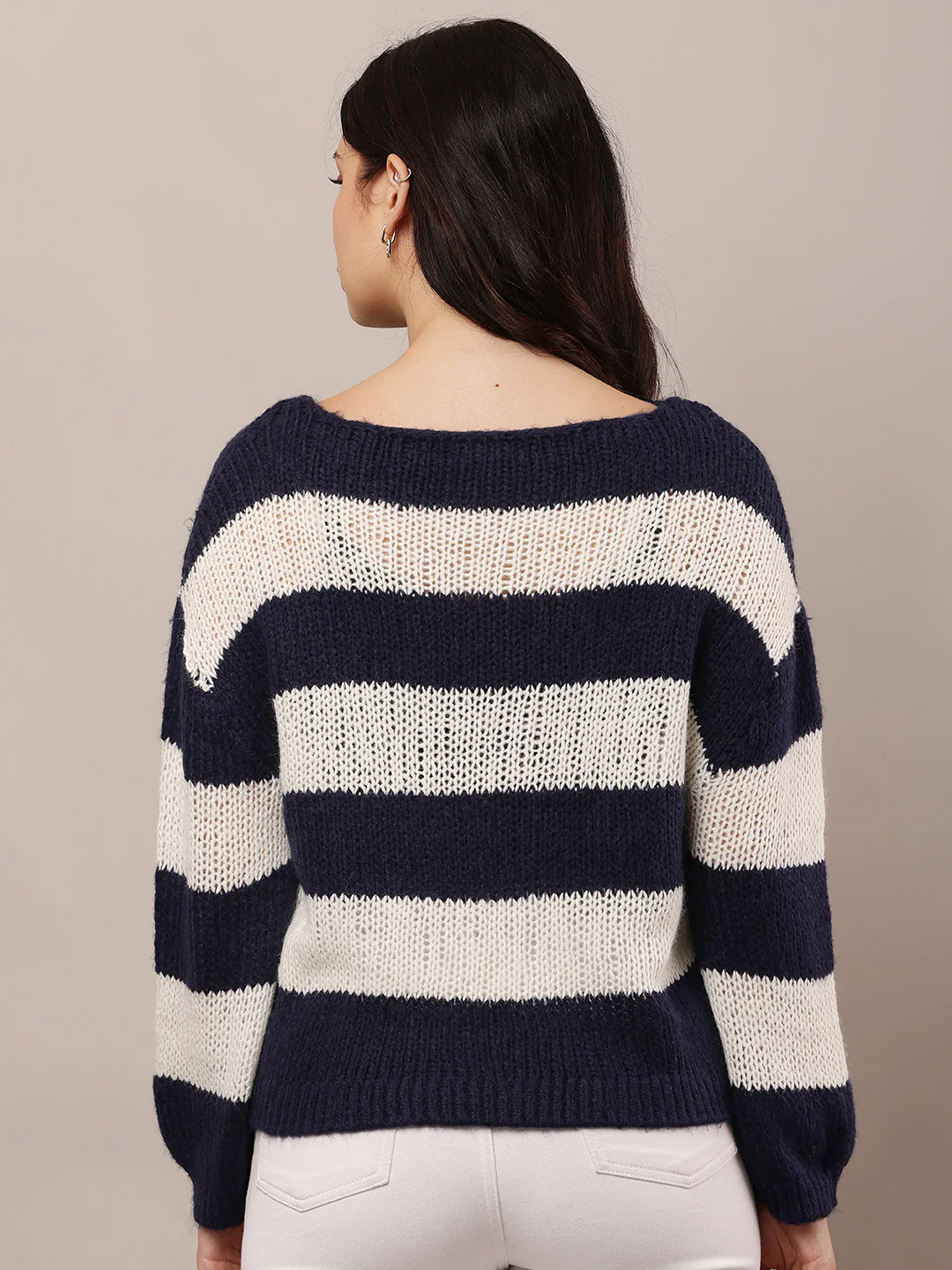 Women Dark Blue & White Crew Neck Knitted Sweater - Image 4