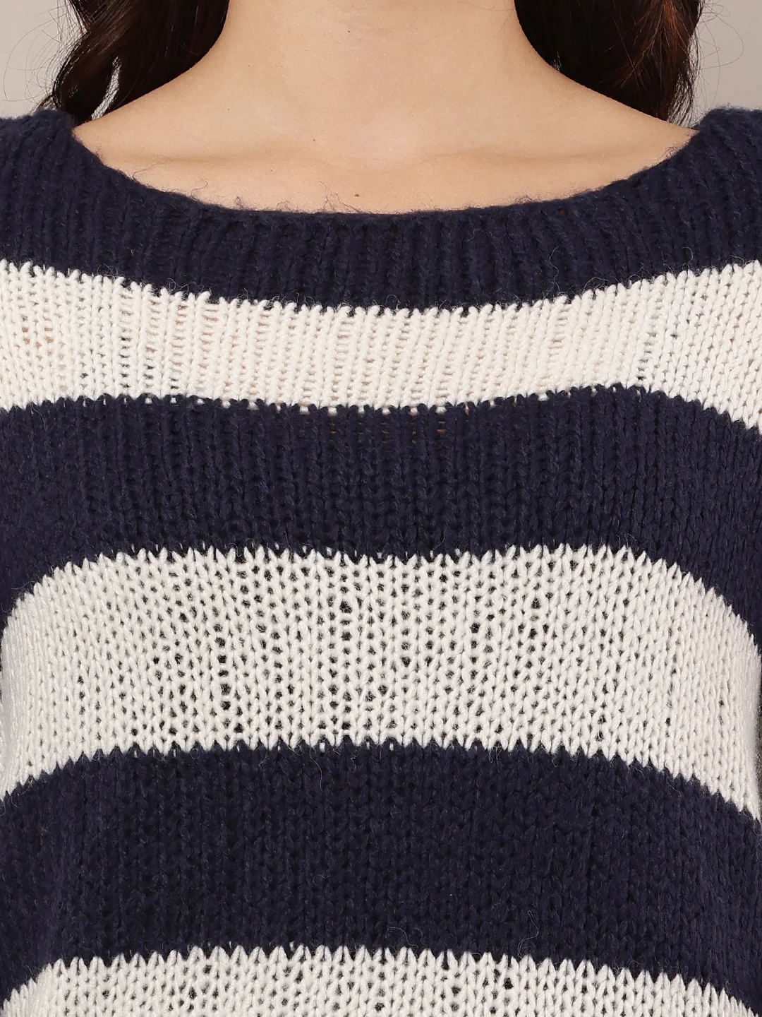 Women Dark Blue & White Crew Neck Knitted Sweater - Image 5