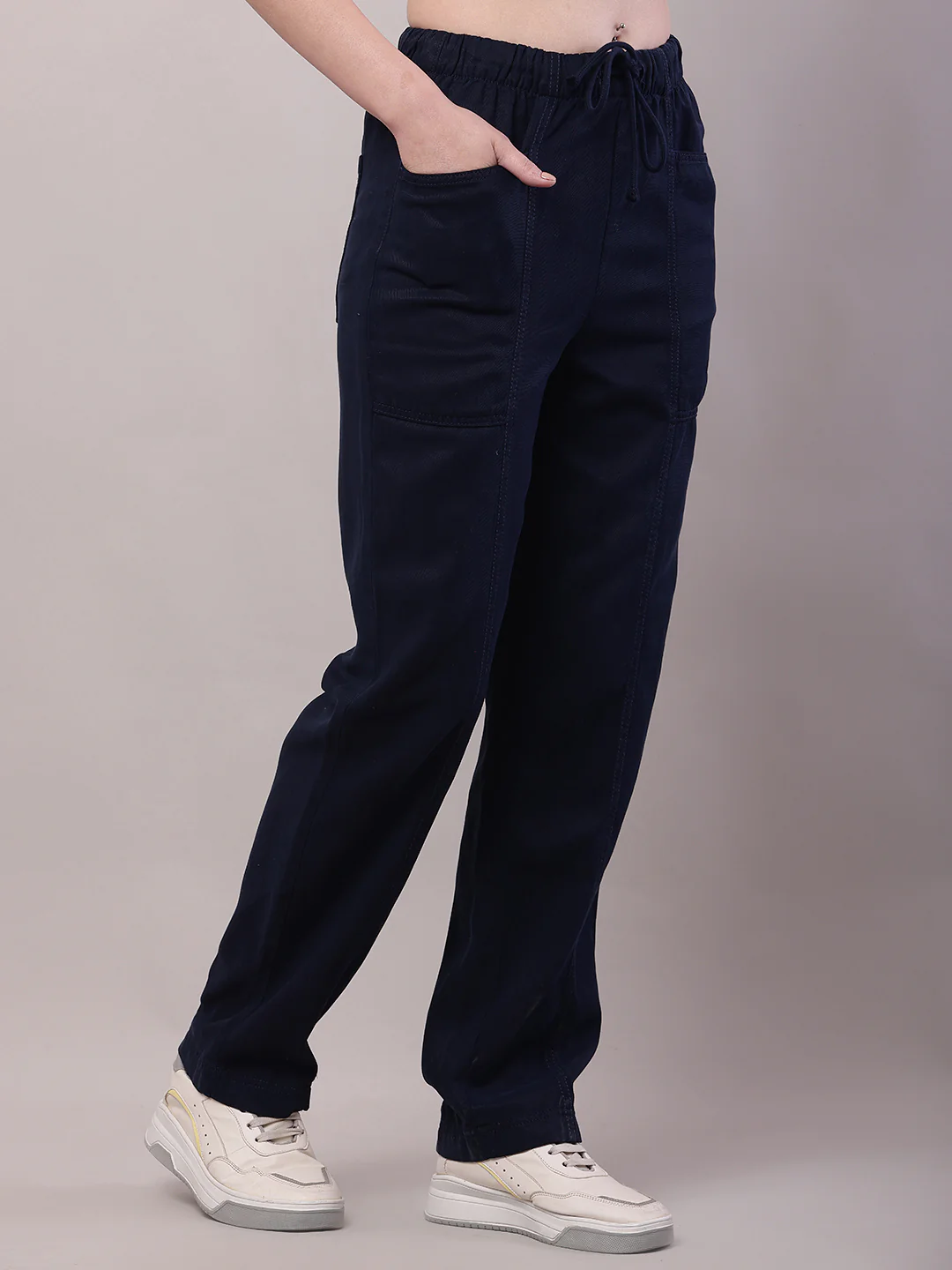 Women Dark Blue Cotton Elastic Trouser - Image 2