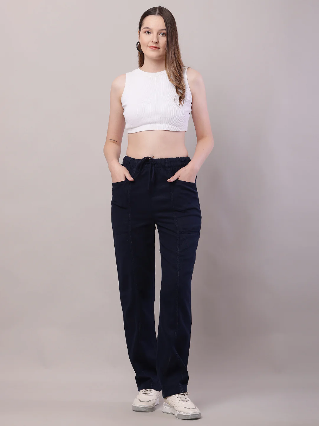 Women Dark Blue Cotton Elastic Trouser - Image 3
