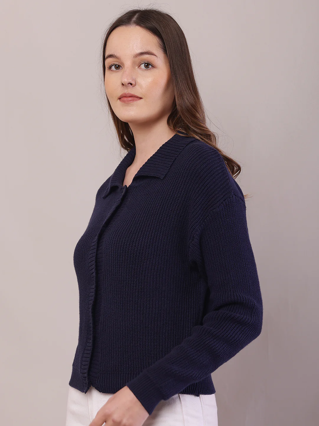 Women Dark Blue Cotton Shirt Collar Cardigan - Image 2