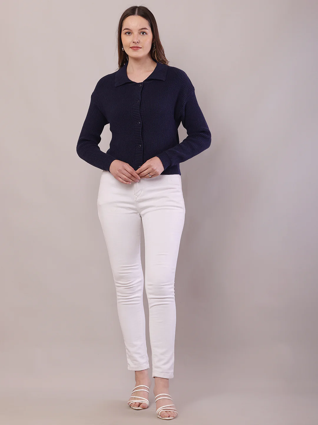 Women Dark Blue Cotton Shirt Collar Cardigan - Image 3