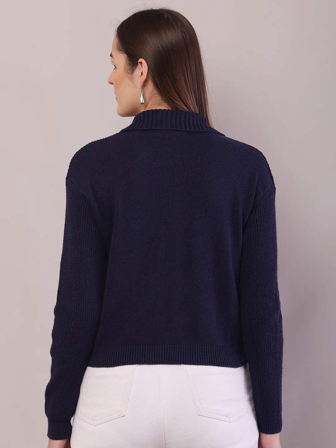 Women Dark Blue Cotton Shirt Collar Cardigan - Image 4