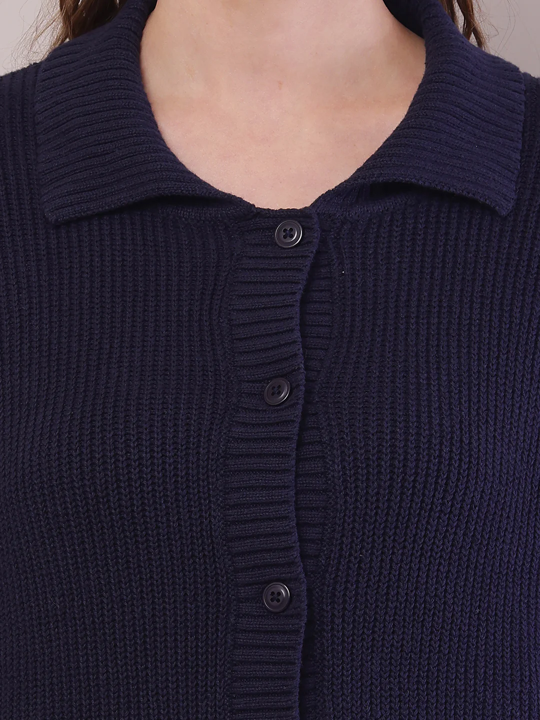 Women Dark Blue Cotton Shirt Collar Cardigan - Image 5