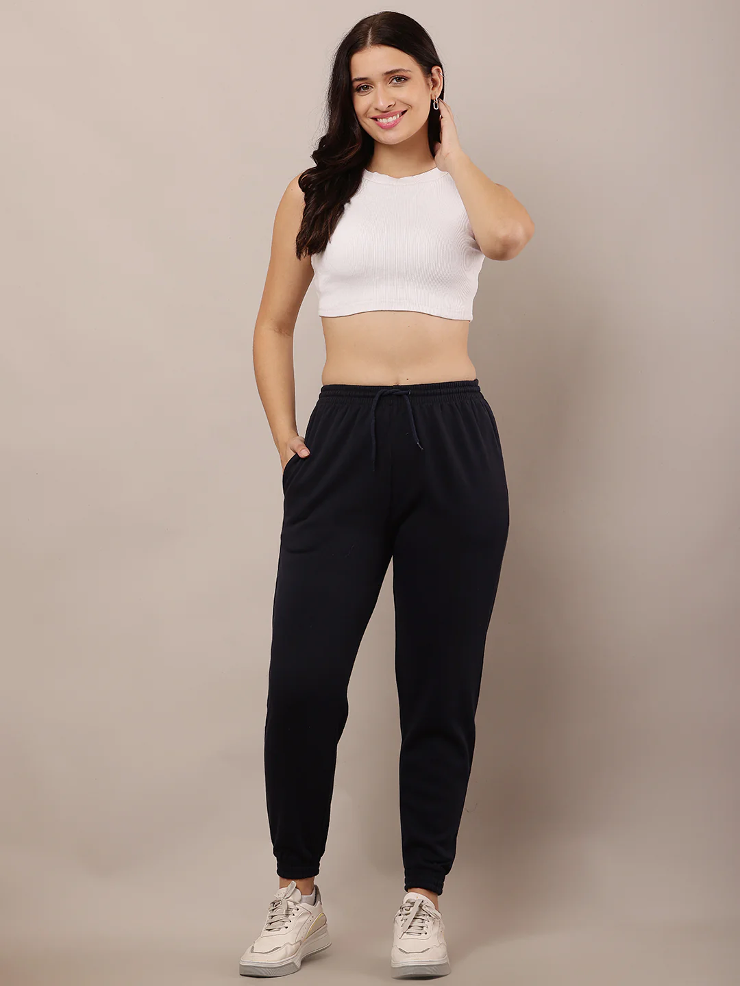 Women Dark Blue Elastic Waist Cotton Jogger - Image 3