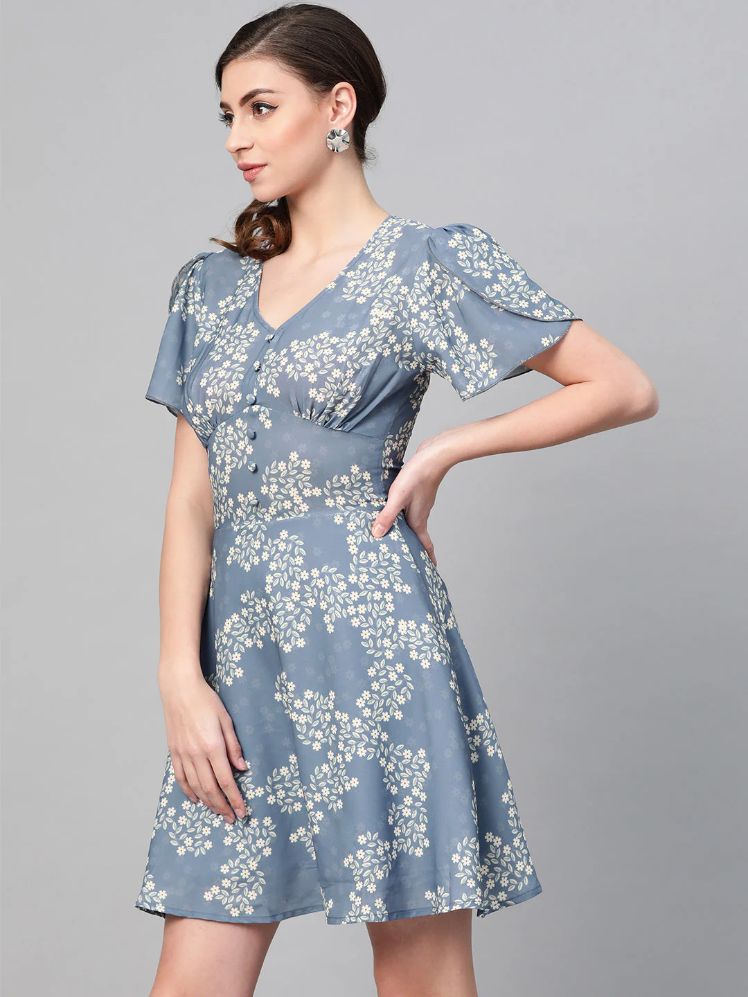 Women Dark Blue Floral Flared Skater Dress - Image 2